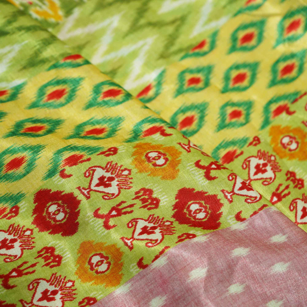 Light Green Blue Multicolor Ikkat Print Bemberg Gajji Silk GT-15580