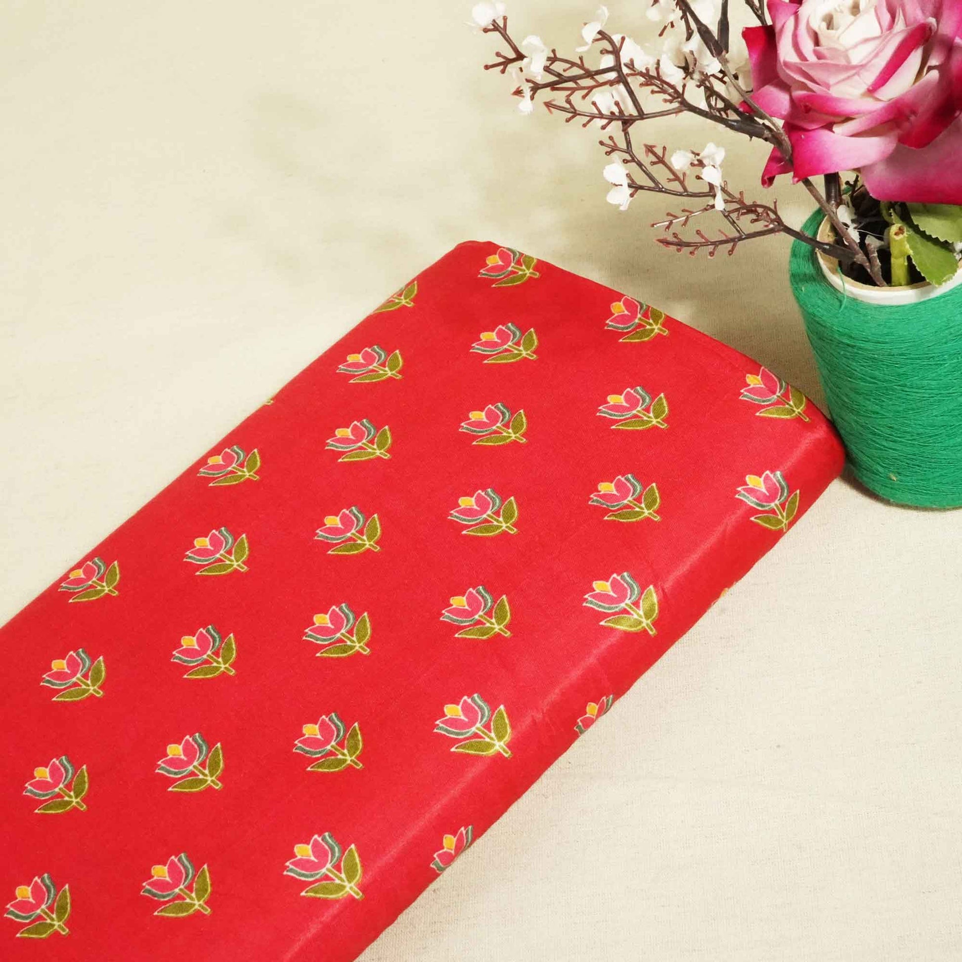 Red Floral Print Bemberg Gajji Silk GT-15583