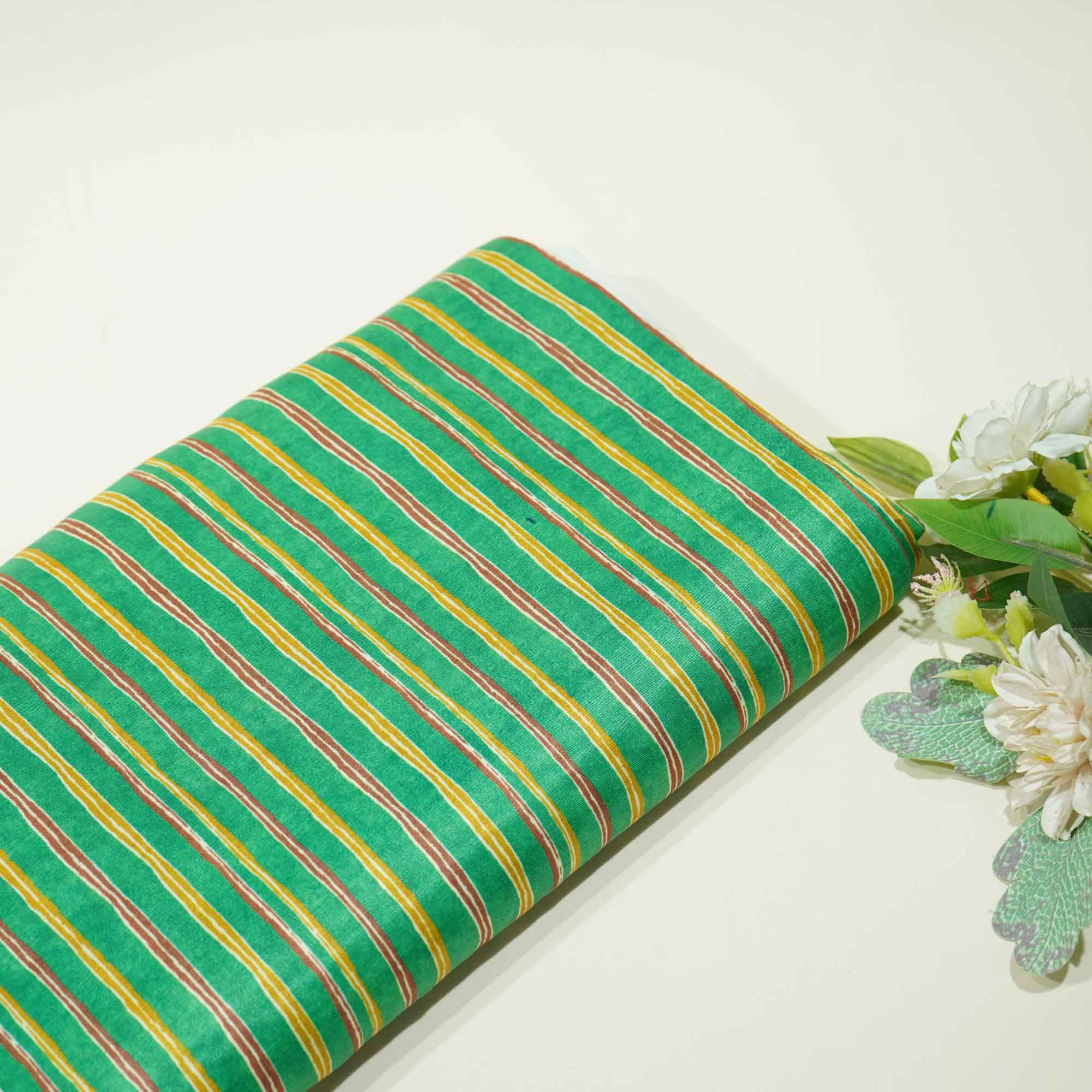 Green Yellow Stripes Floral Print Bemberg Gajji Silk GT-15586