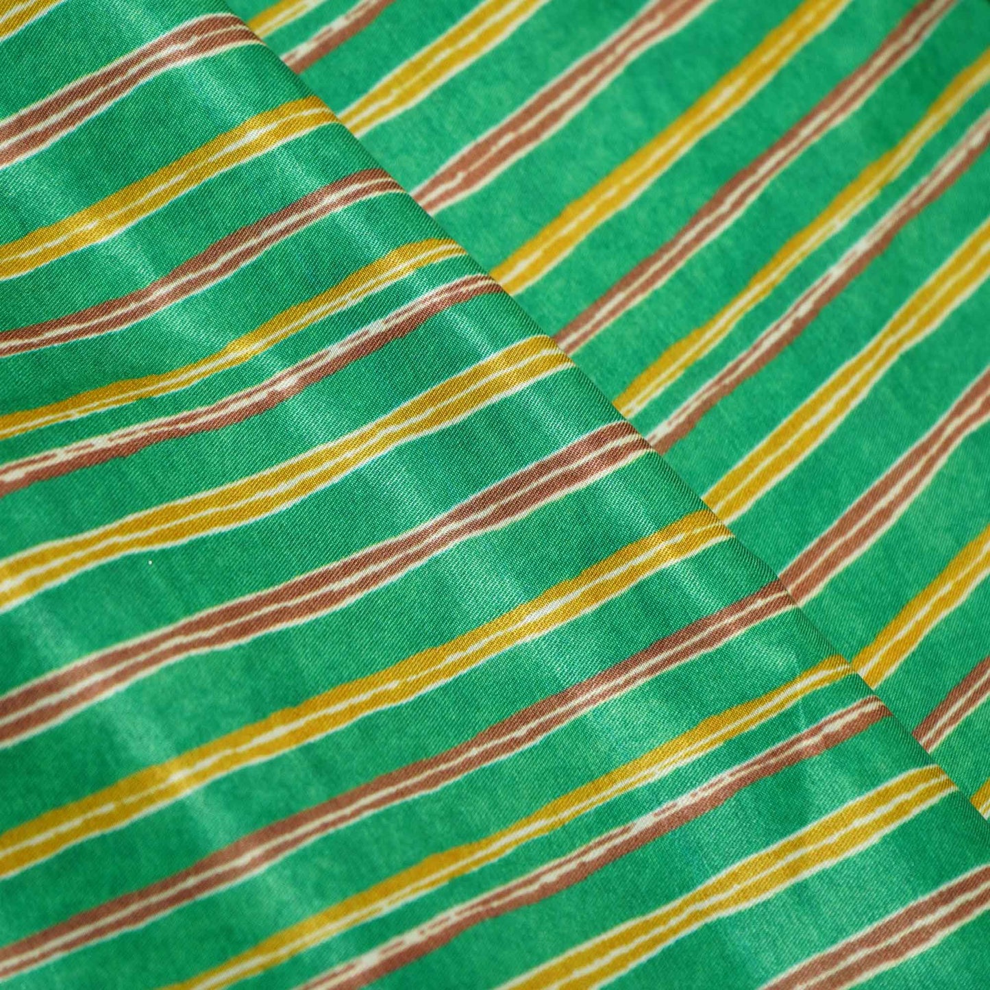 Green Yellow Stripes Floral Print Bemberg Gajji Silk GT-15586