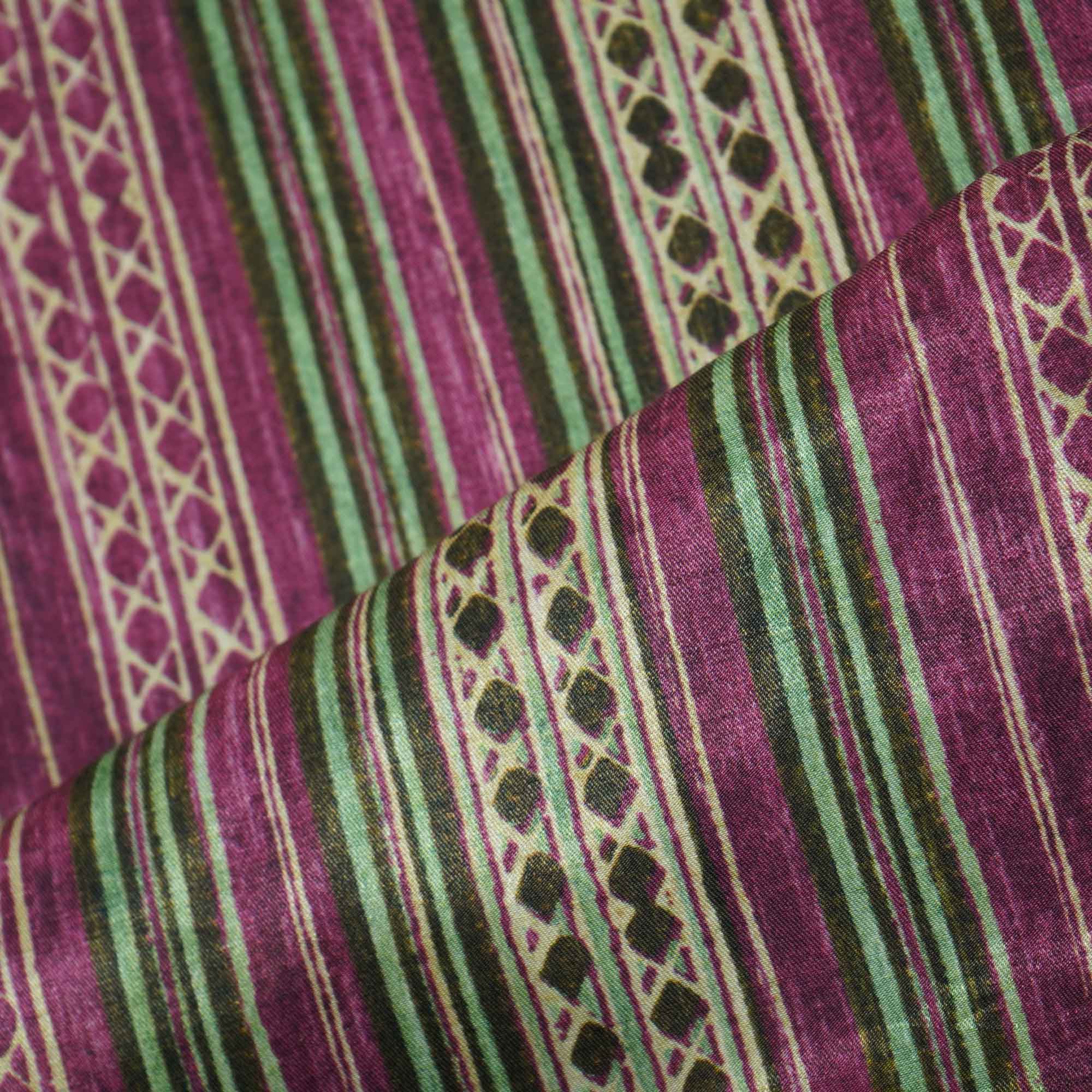 Purple Green Stripes Floral Print Bemberg Gajji Silk GT-15587