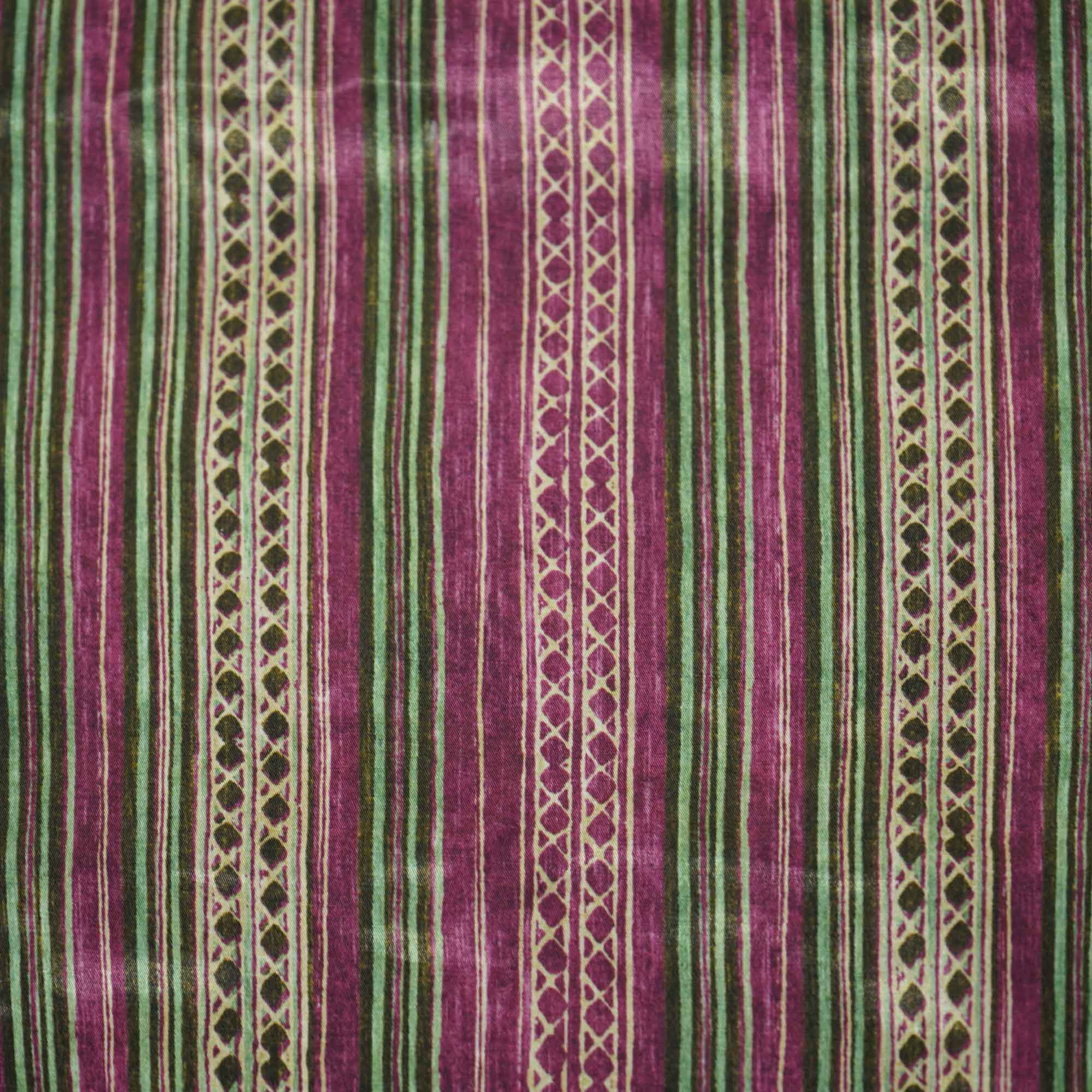 Purple Green Stripes Floral Print Bemberg Gajji Silk GT-15587