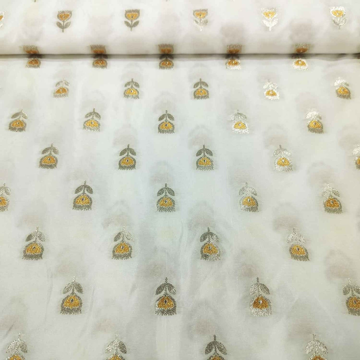 White Yellow Buti Dyeable Katan Silk KRE-15608