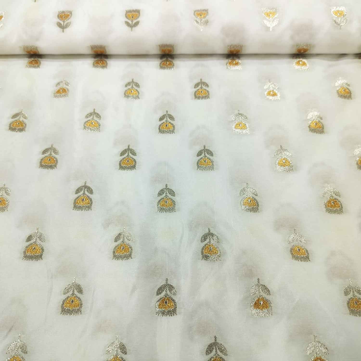 White Yellow Buti Dyeable Katan Silk KRE-15608