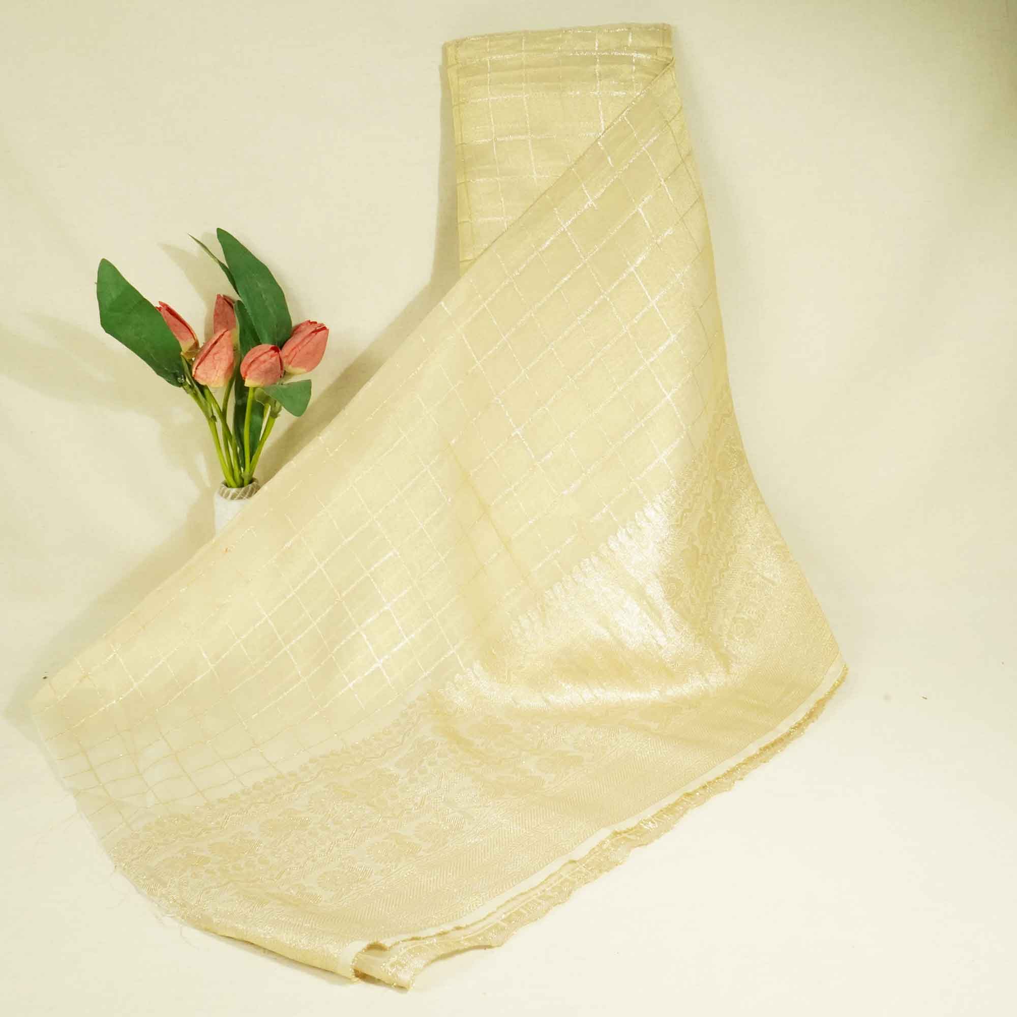 Gold Zari Check Border Work Tissue Organza DF-15706