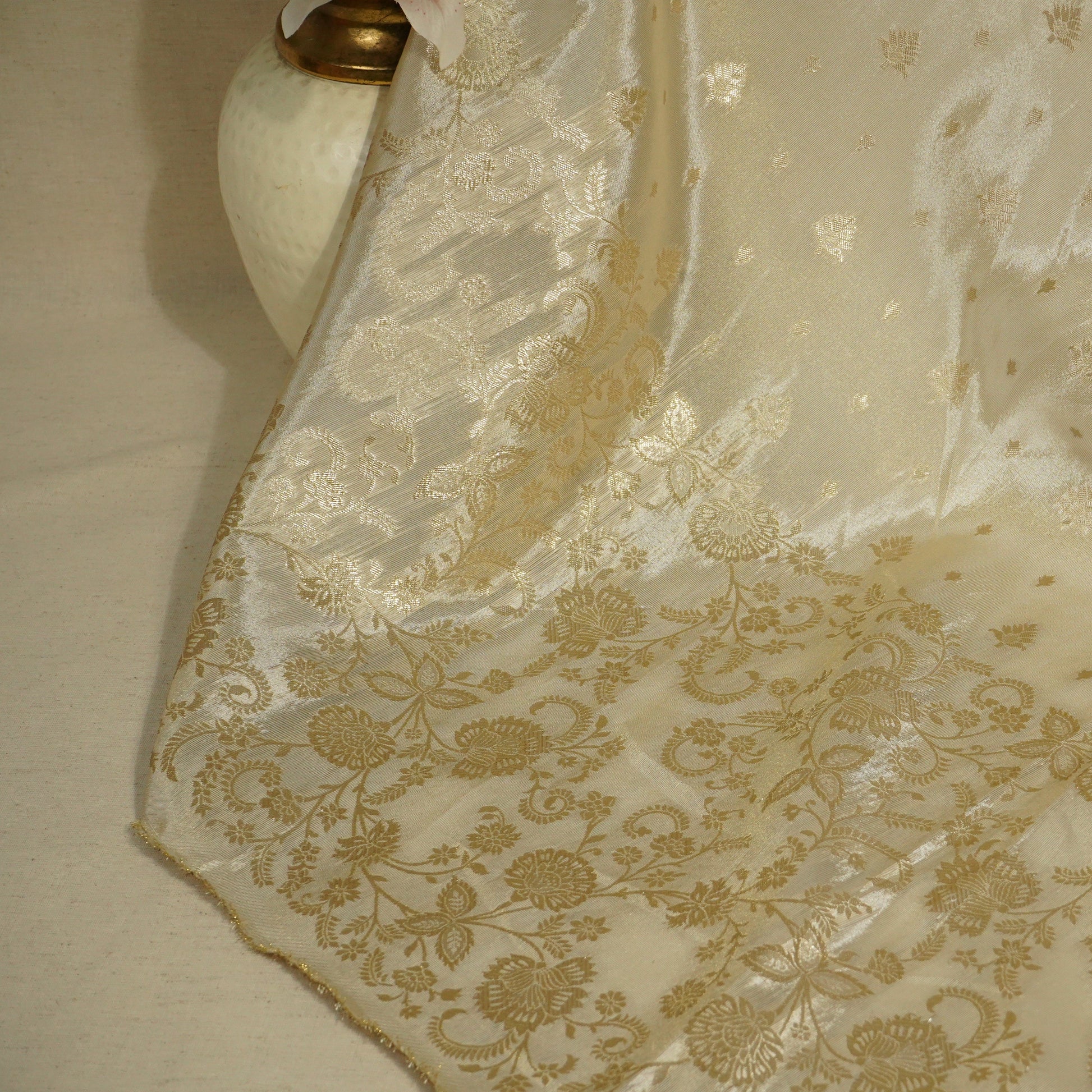 Gold Zari Embroidery Sequins Border Work Viscose Tissue DF-15709