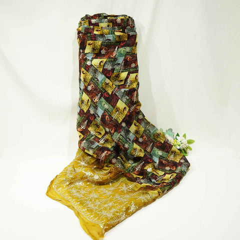 Mustard Yellow Multicolor Sequins Border Embroidery Organza KF-15751