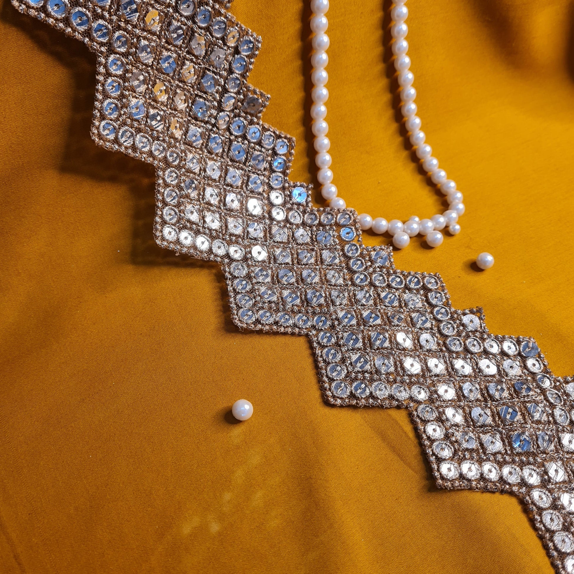 Premium Gold Zigzag Zari Sequins Embroidery Lace