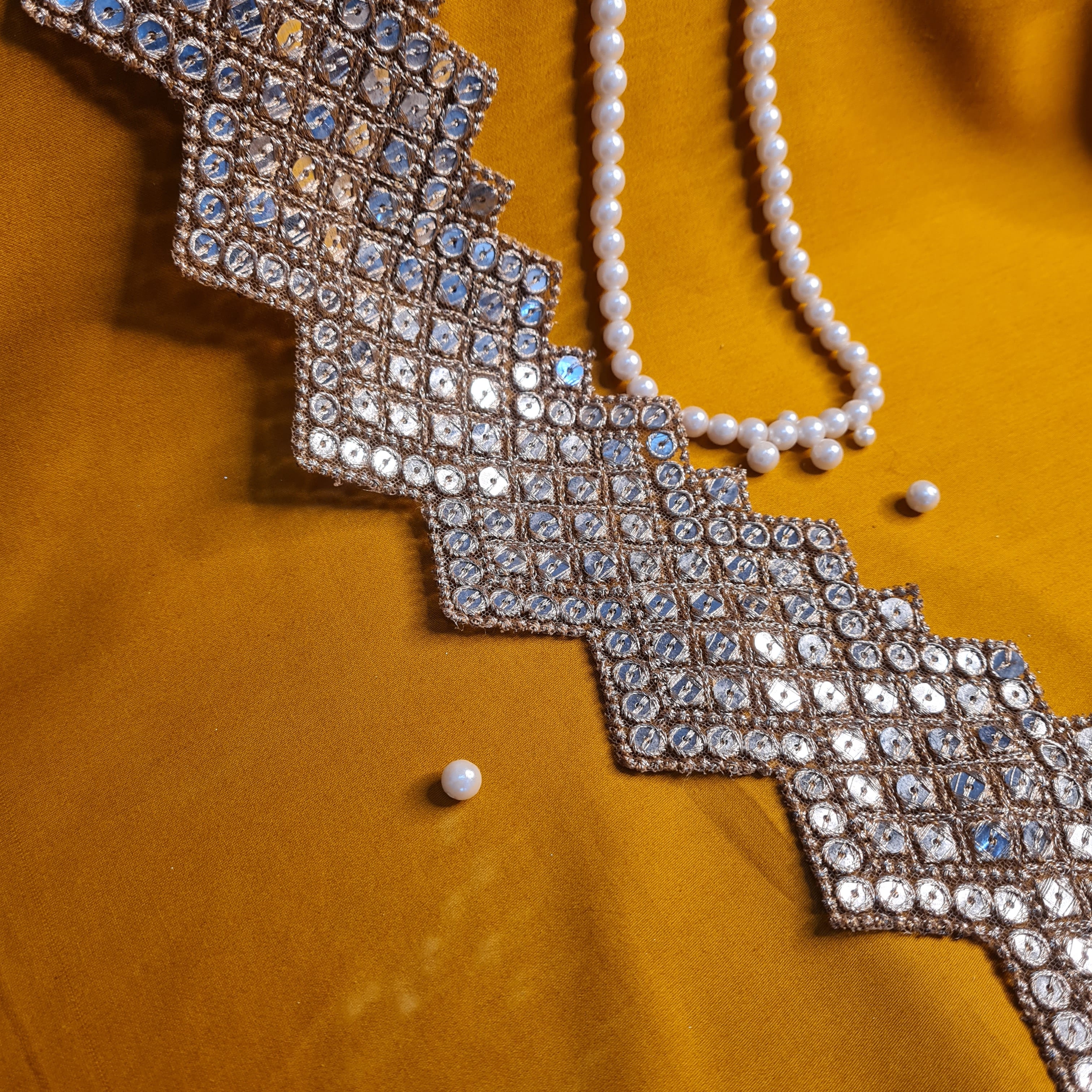 Premium Gold Zigzag Zari Sequins Embroidery Lace