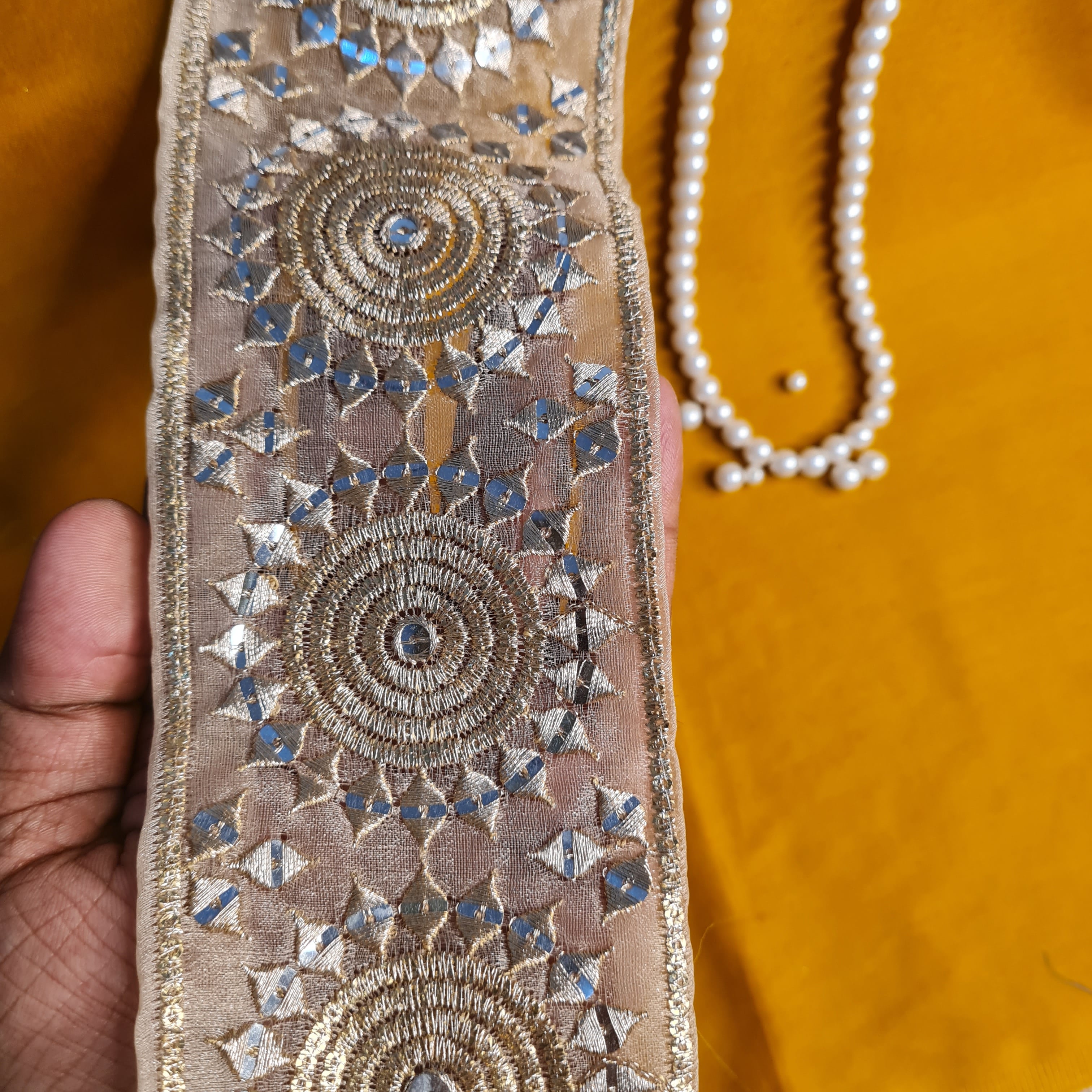 Premium Gold Zari Mirror Sequins Embroidery Lace