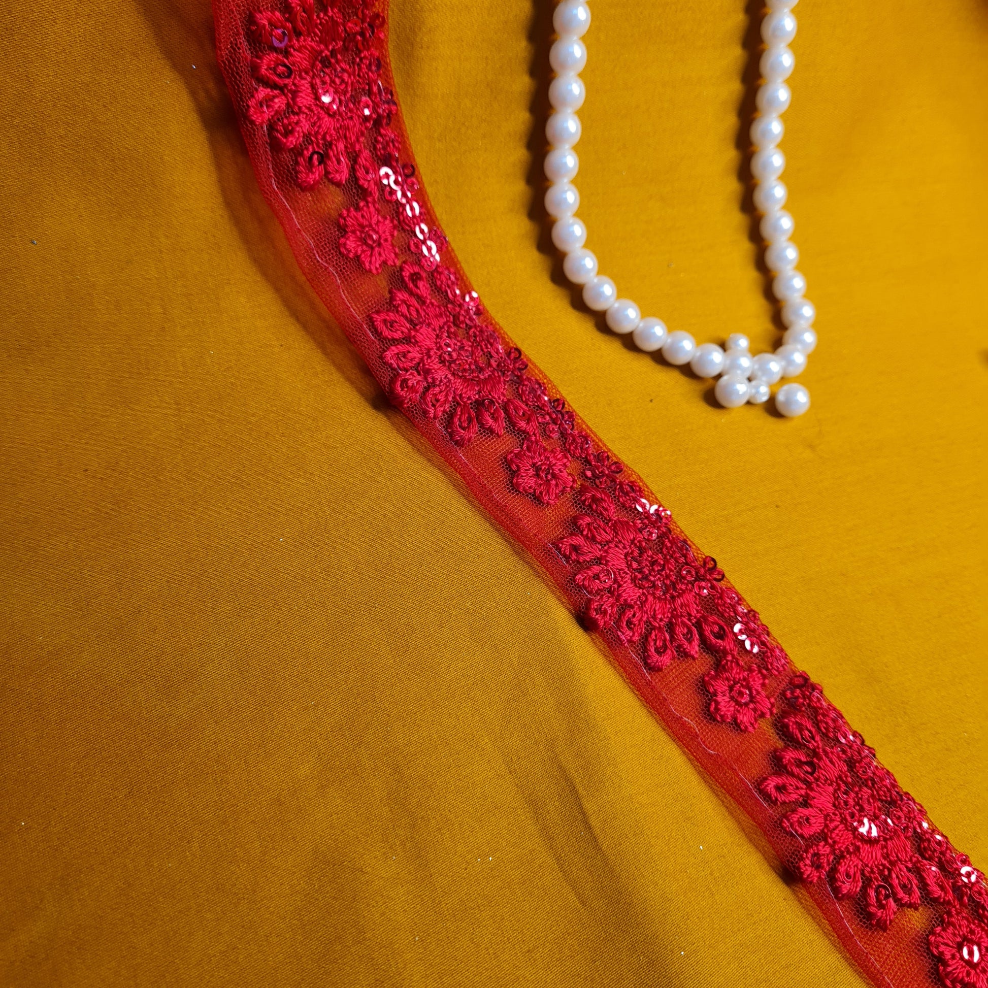 Premium Red Sequins Embroidery Lace