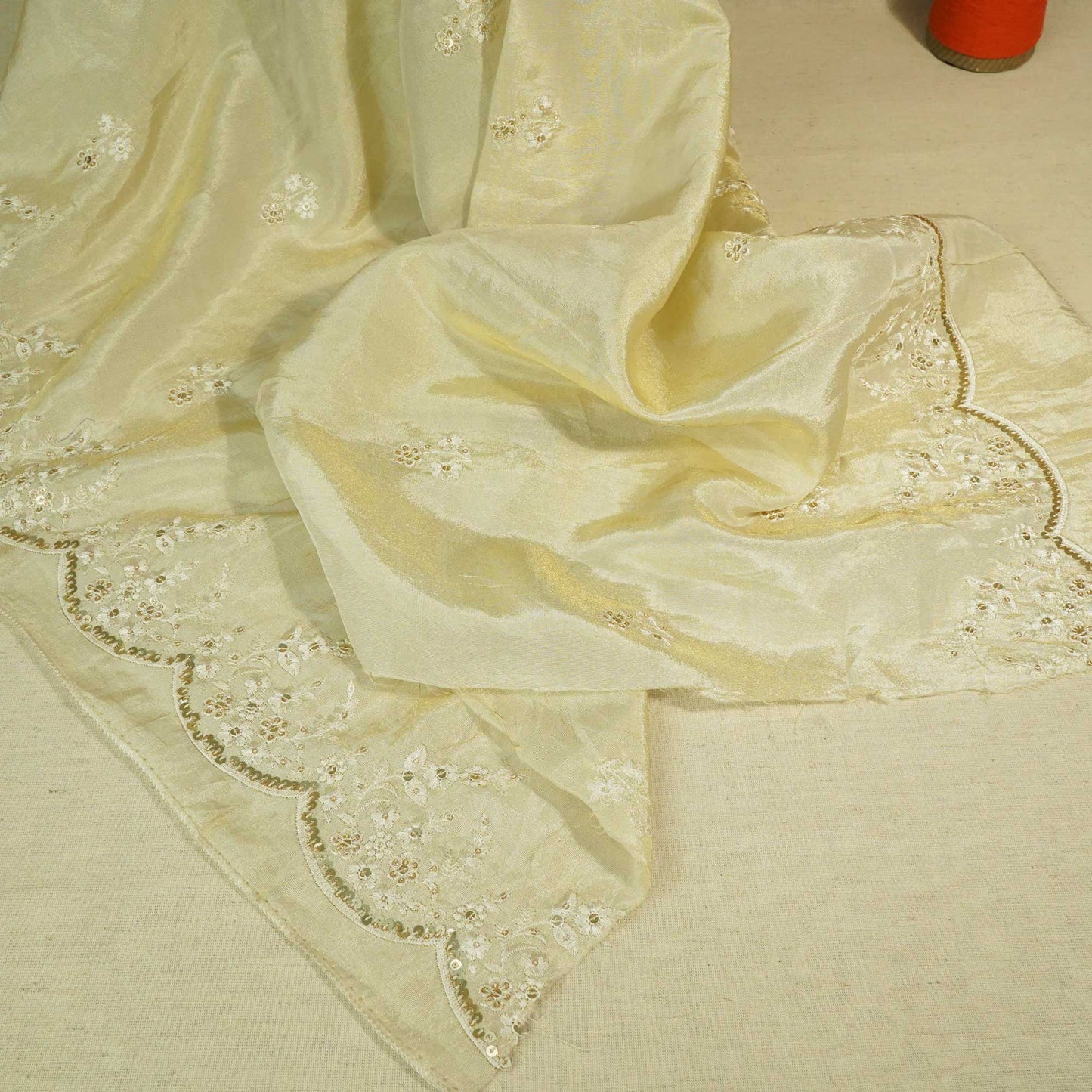 Light Gold Thread Sequins Border Embroidery Viscose Tissue DF-15890