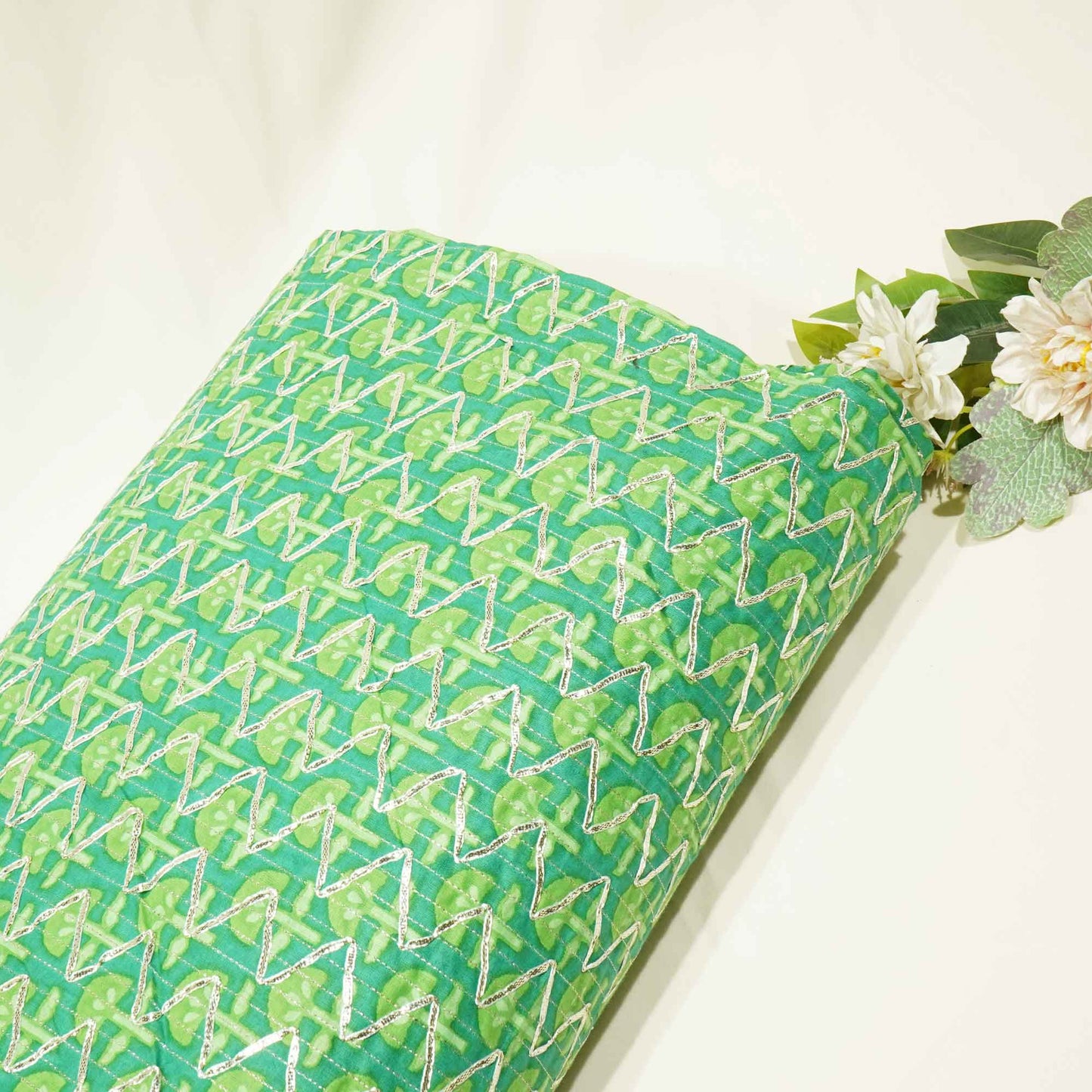 Green Floral Print Gota Work Cambric Cotton KC-15946