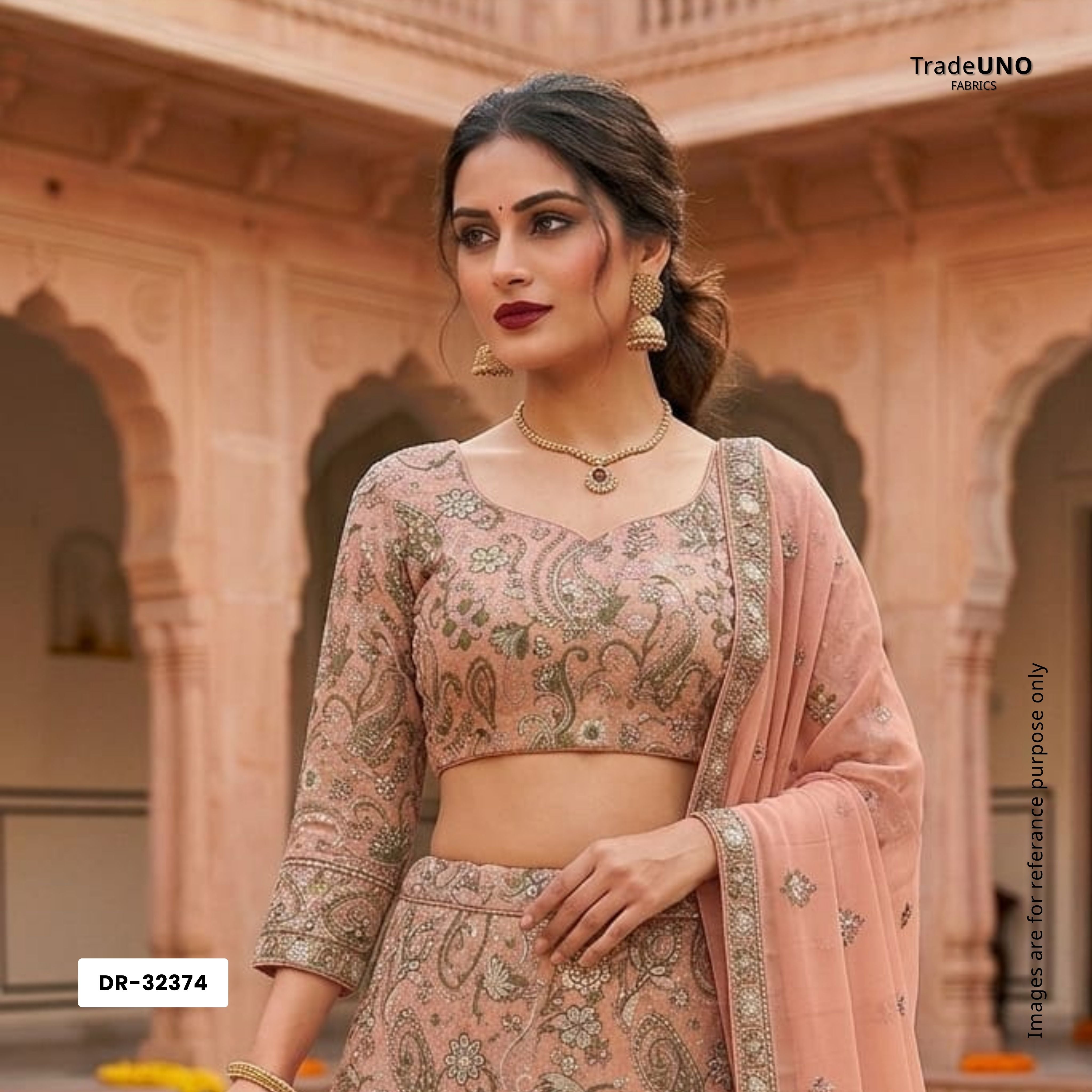 Peach Kashmiri Paisley Embroidery Georgette Fabric DR-32374 - TradeUNO