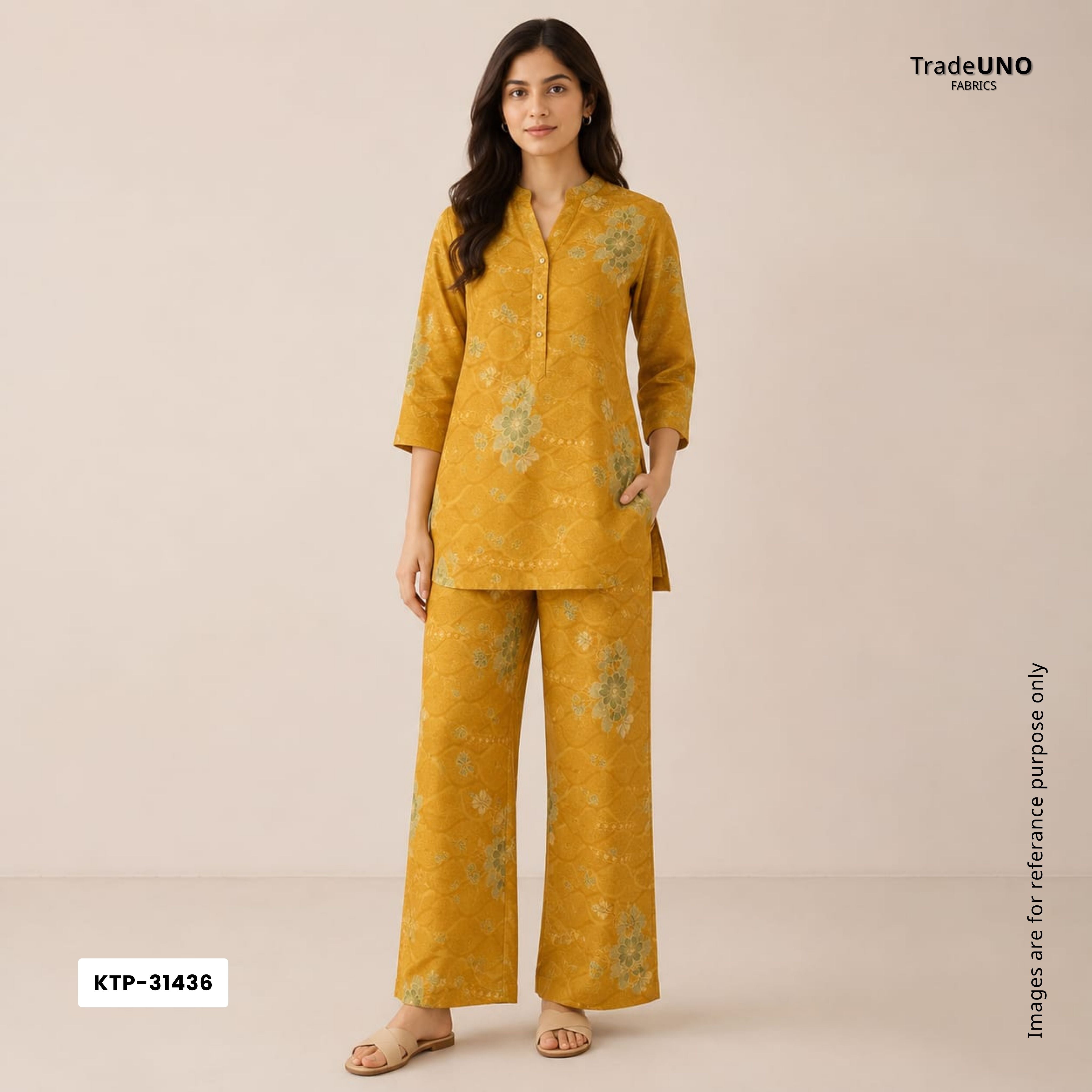 Mustard floral print Bemberg Modal Silk Fabric KTP-31436 - TradeUNO