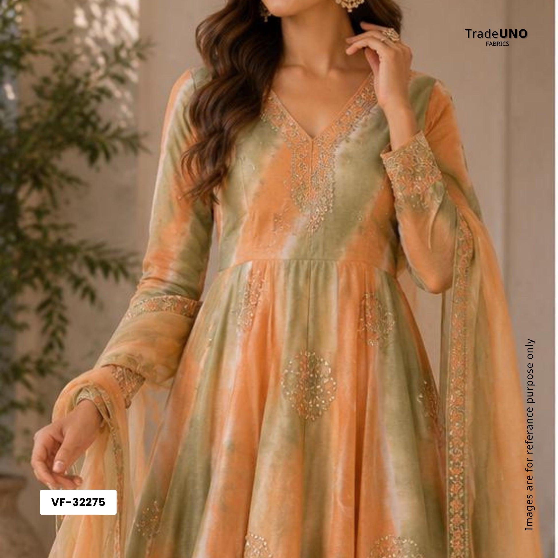 Olive Green with Peach Sequins embroidery Shibori Malai Chanderi Fabric VF-32275 - TradeUNO