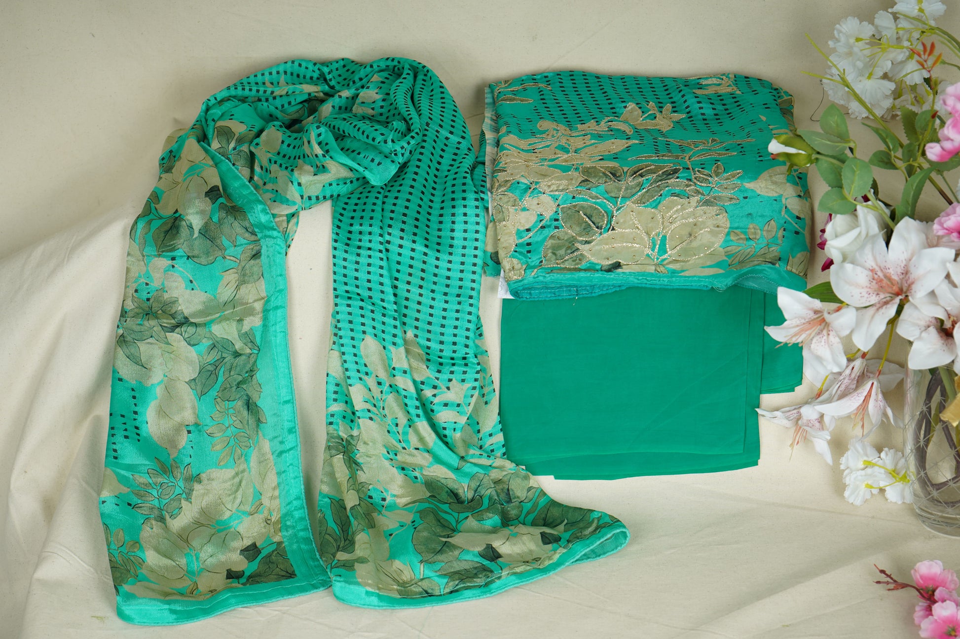 Green Zari Thread Embroidery Crepe Suit Set With Dupatta