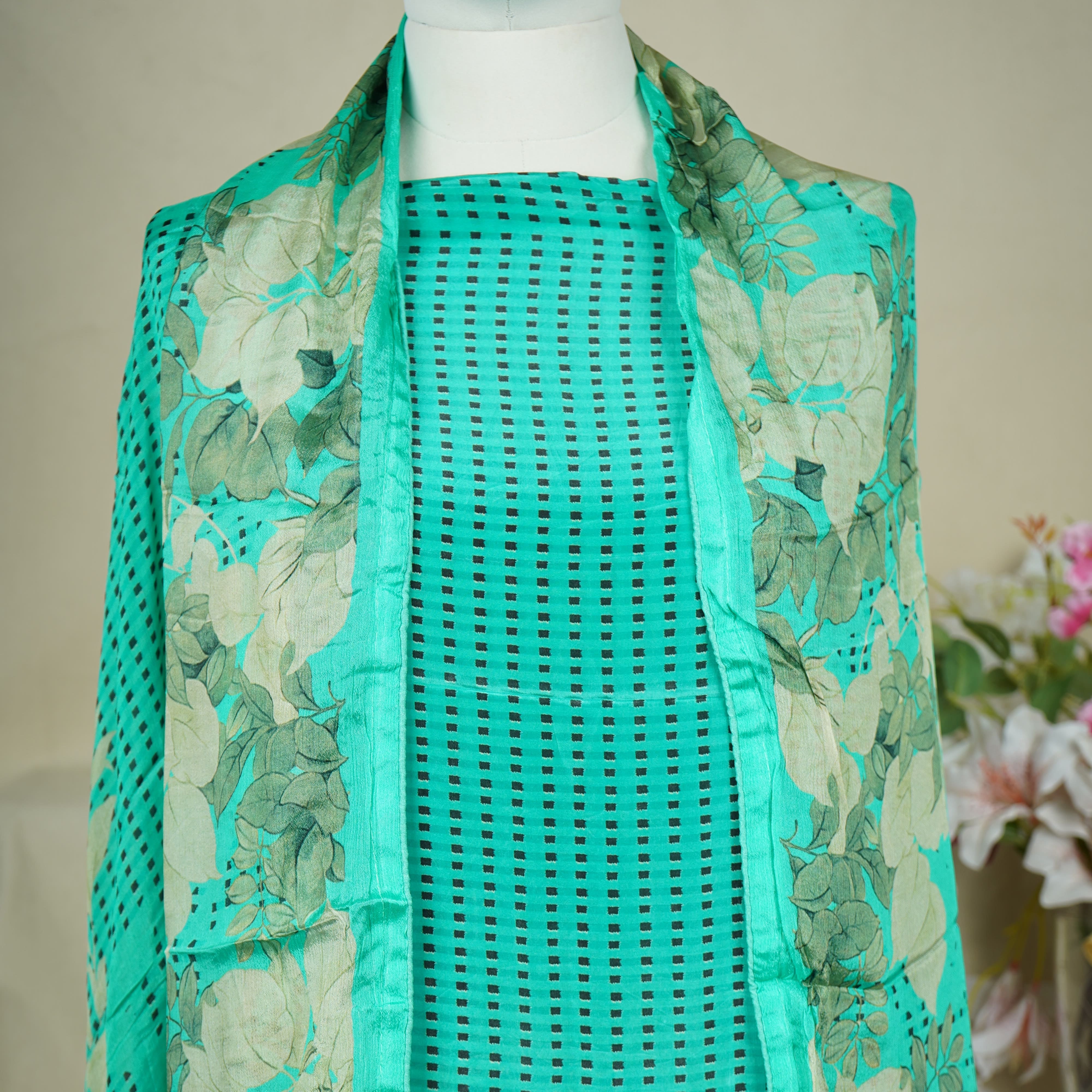 Green Zari Thread Embroidery Crepe Suit Set With Dupatta