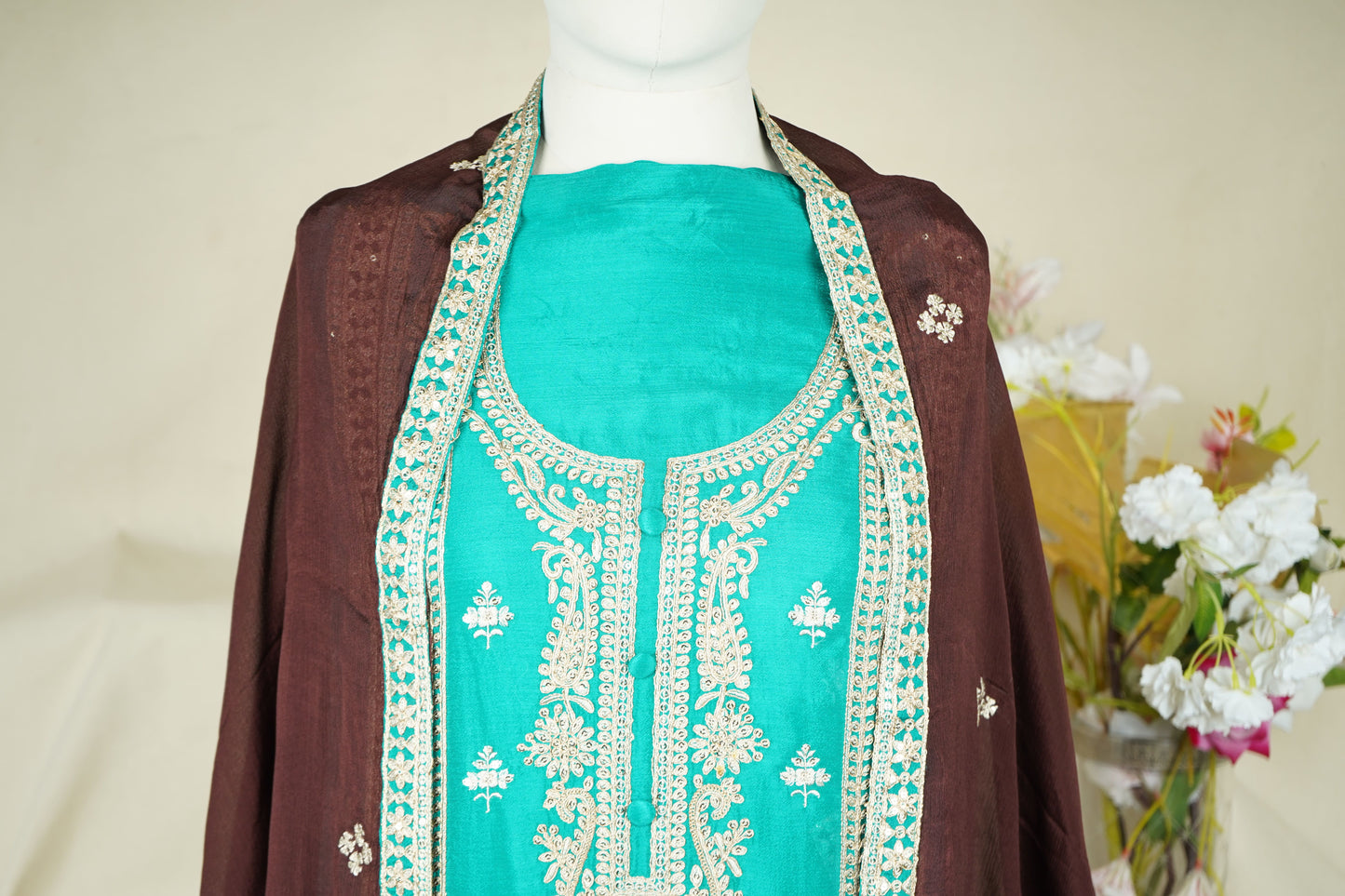 Green With Wine Sequins Embroidery Chinnon Suit Set With Dupatta