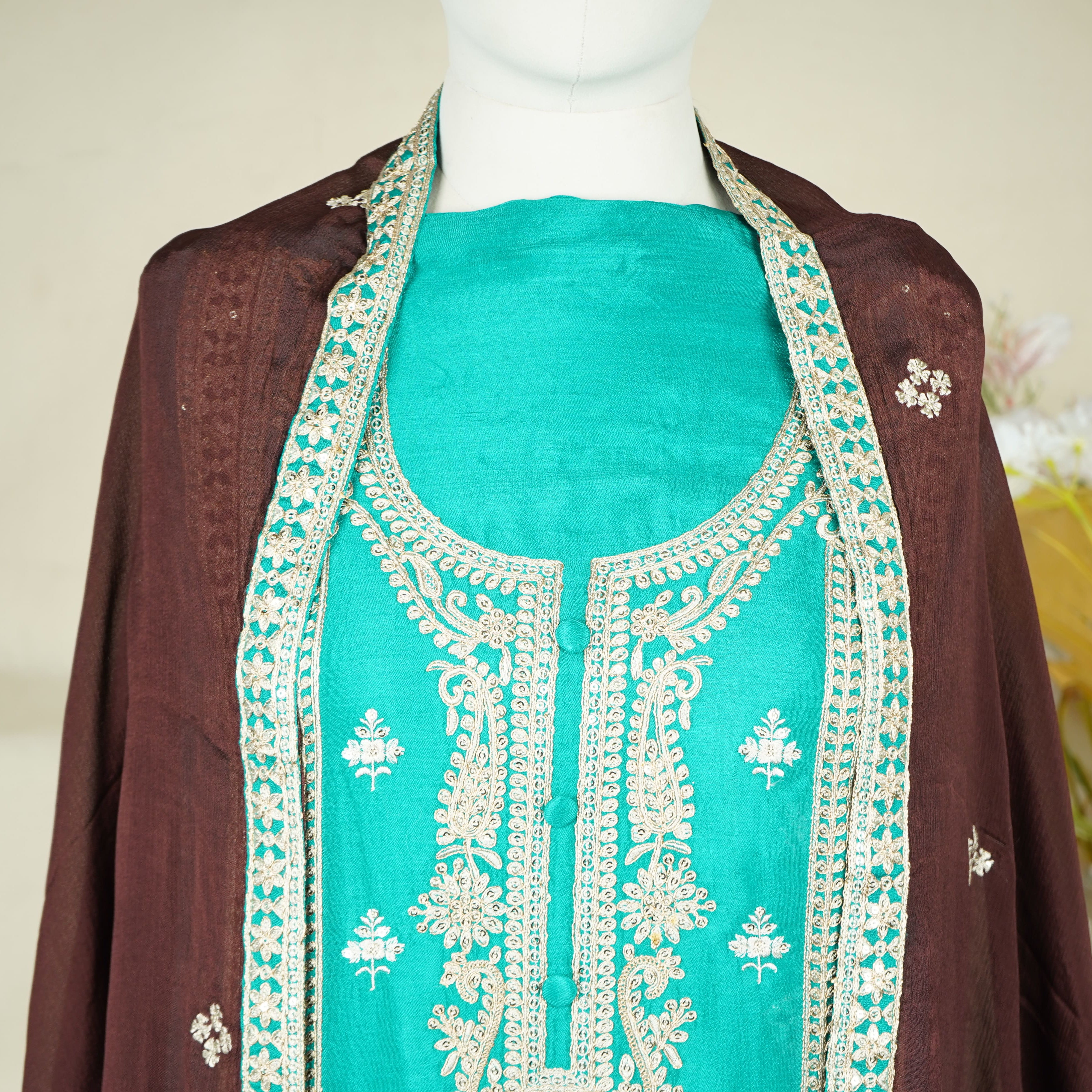 Green With Wine Sequins Embroidery Chinnon Suit Set With Dupatta