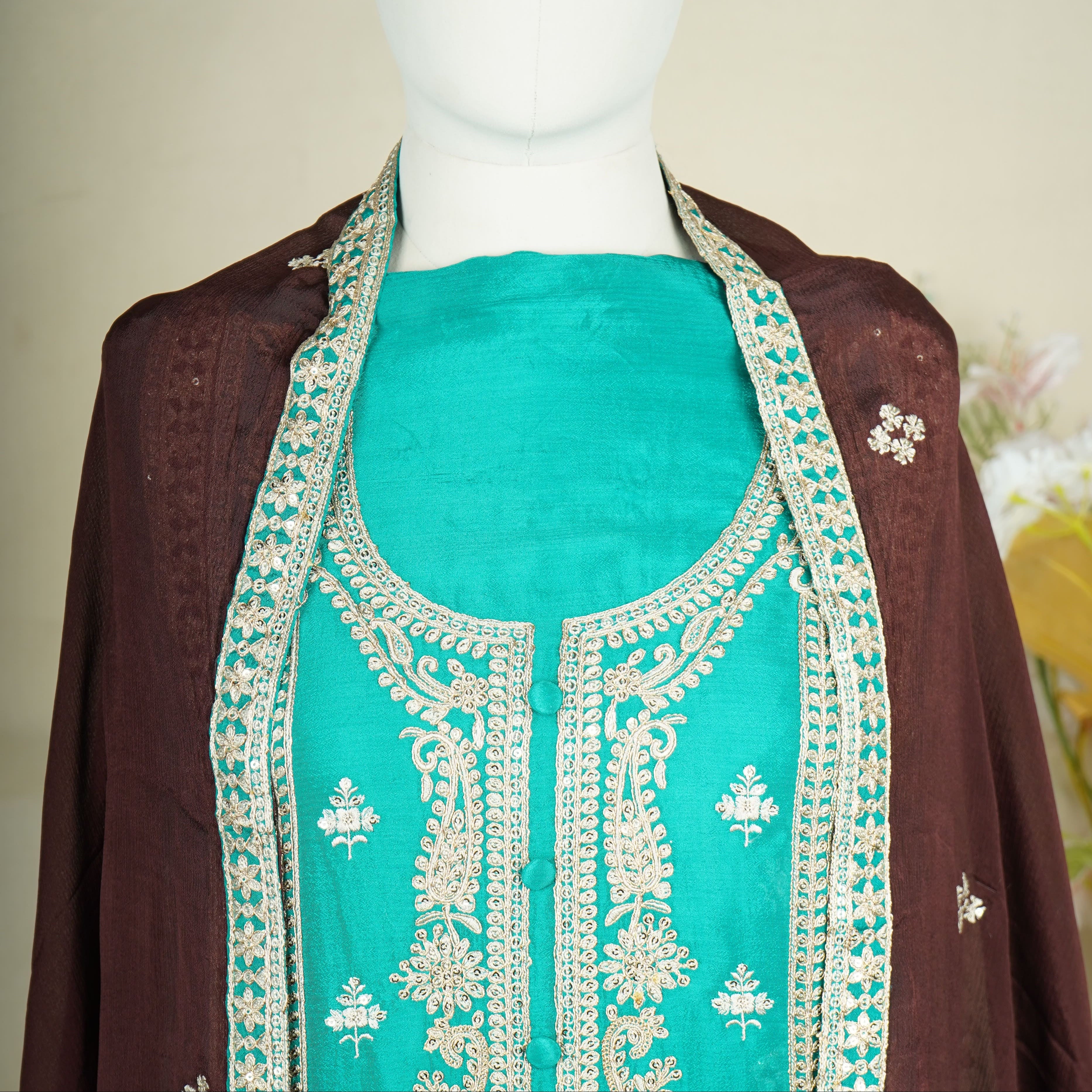 Green With Wine Sequins Embroidery Chinnon Suit Set With Dupatta