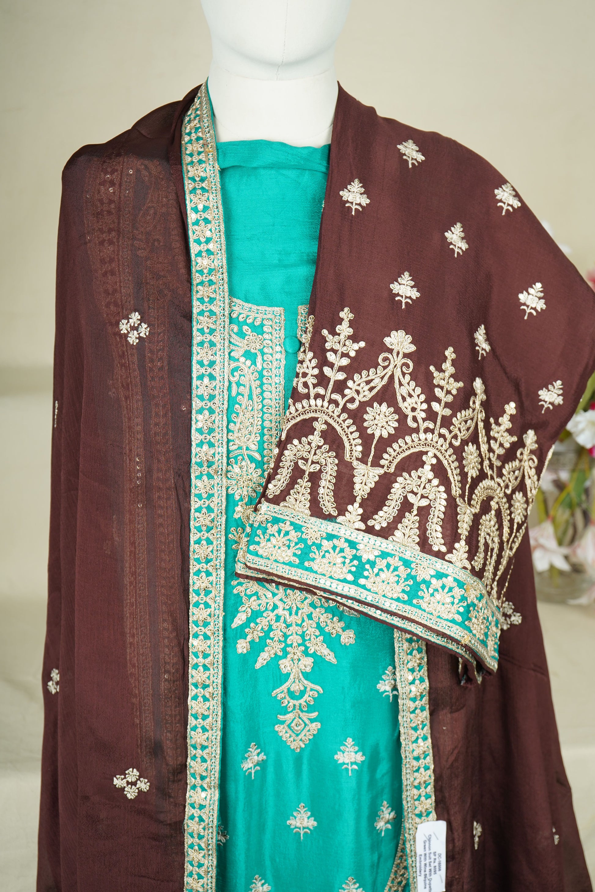 Green With Wine Sequins Embroidery Chinnon Suit Set With Dupatta