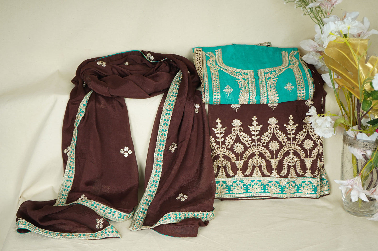 Green With Wine Sequins Embroidery Chinnon Suit Set With Dupatta