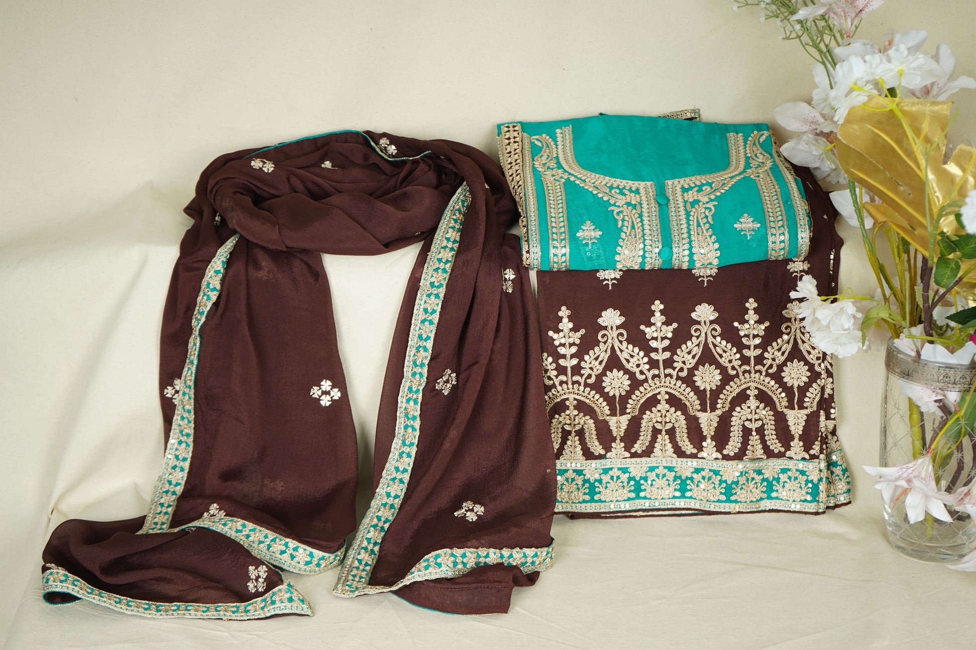 Green With Wine Sequins Embroidery Chinnon Suit Set With Dupatta