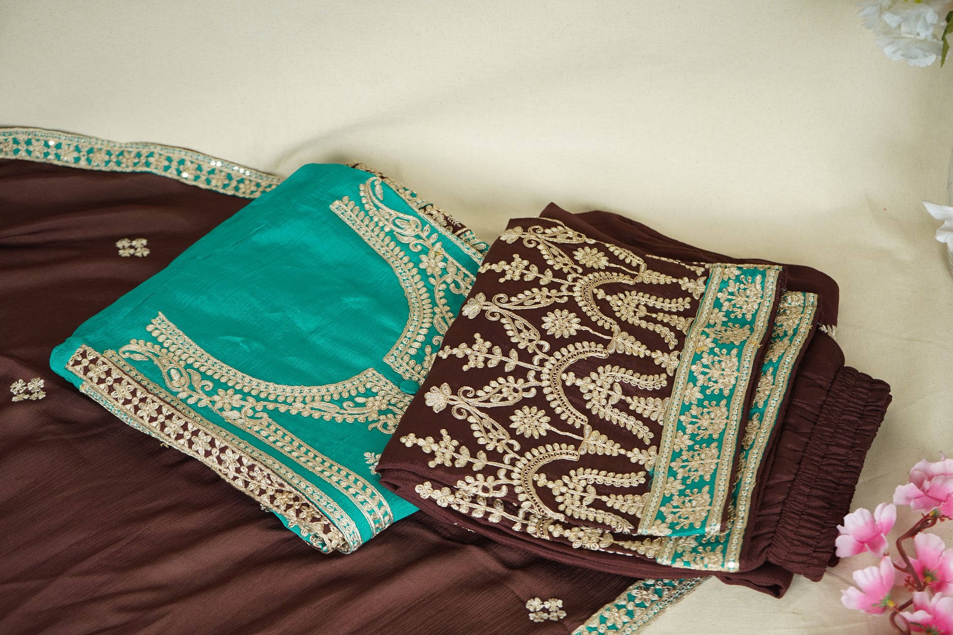 Green With Wine Sequins Embroidery Chinnon Suit Set With Dupatta