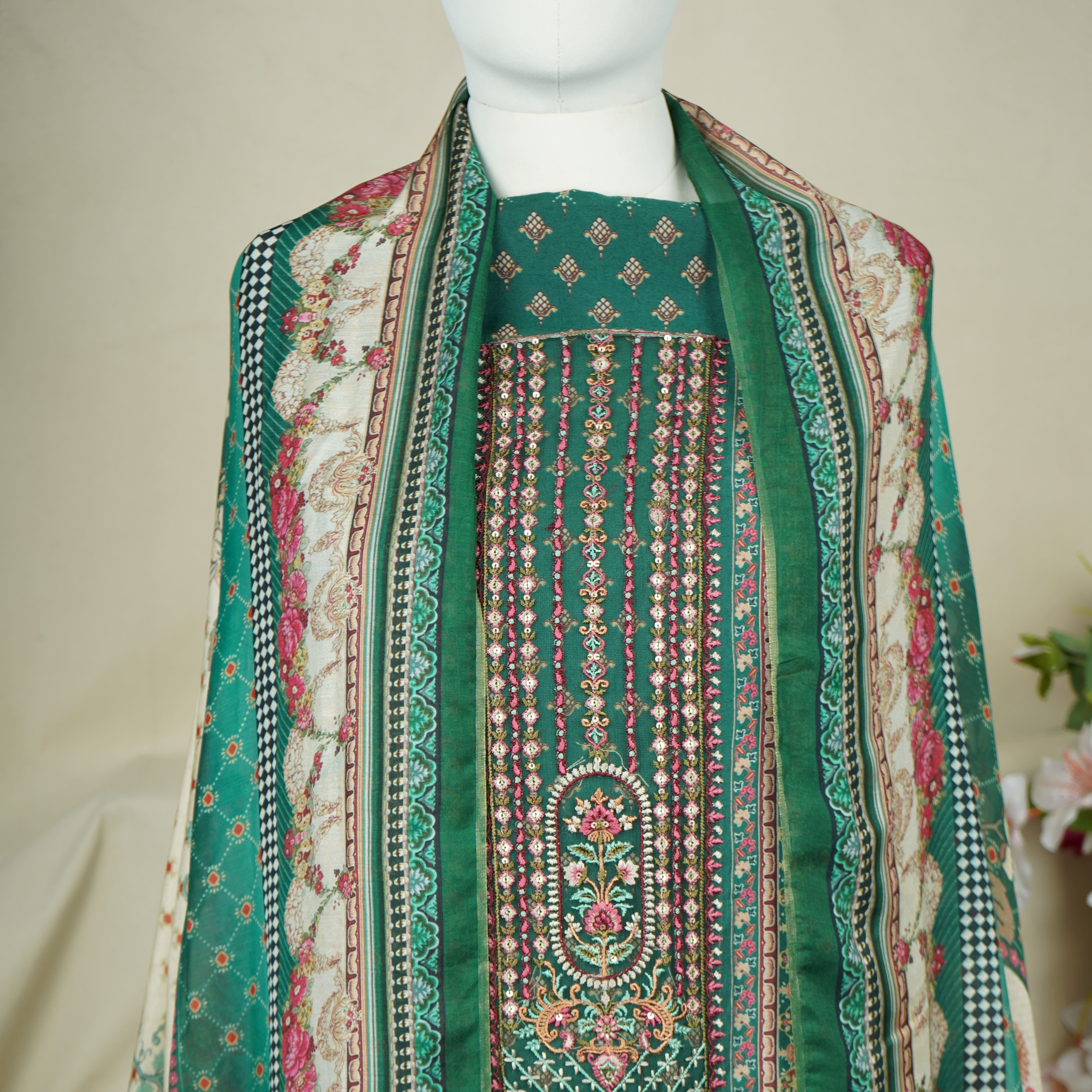 Green Multicolor Digital Print Fancy Embroidery Pure Muslin Suit Set With Dupatta