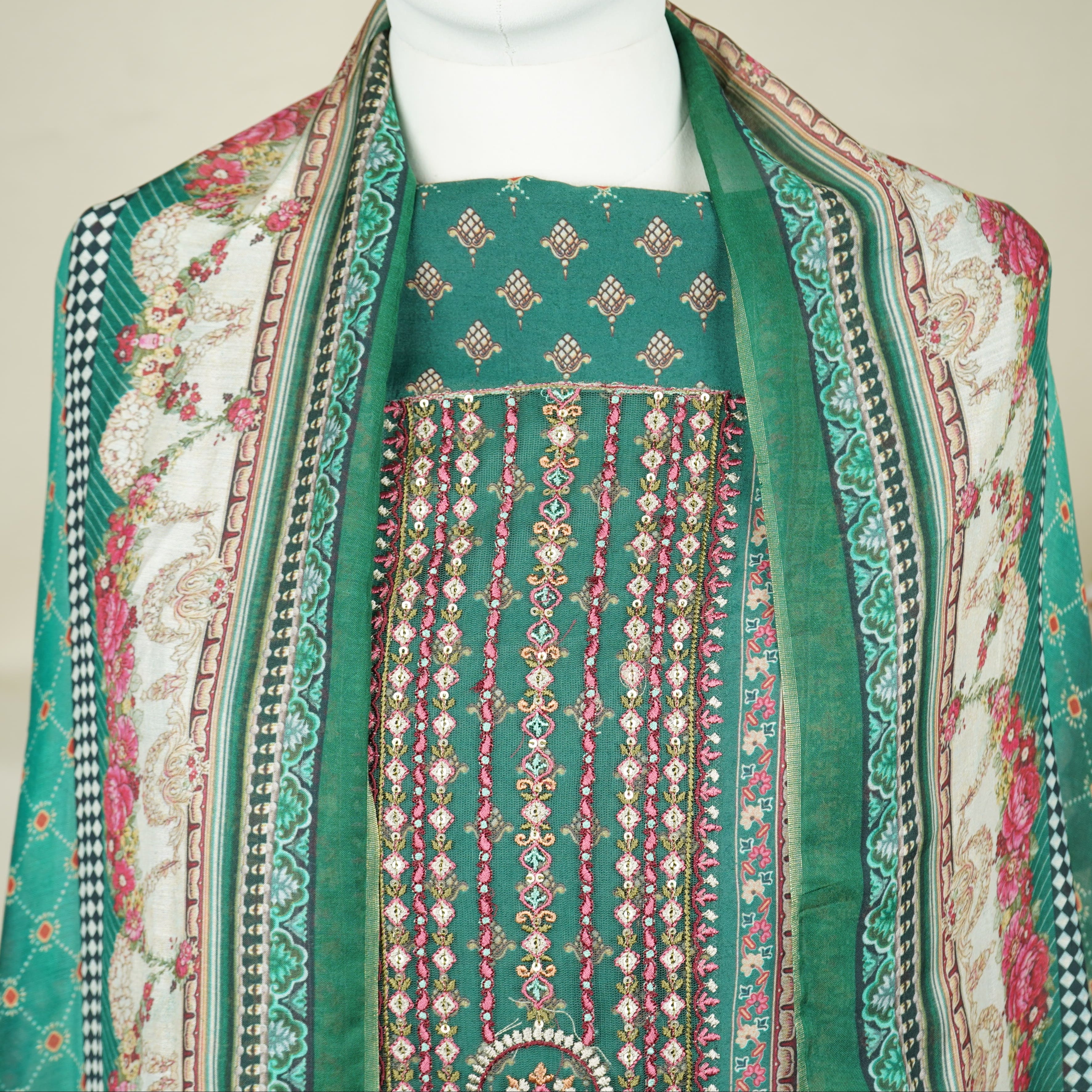 Green Multicolor Digital Print Fancy Embroidery Pure Muslin Suit Set With Dupatta