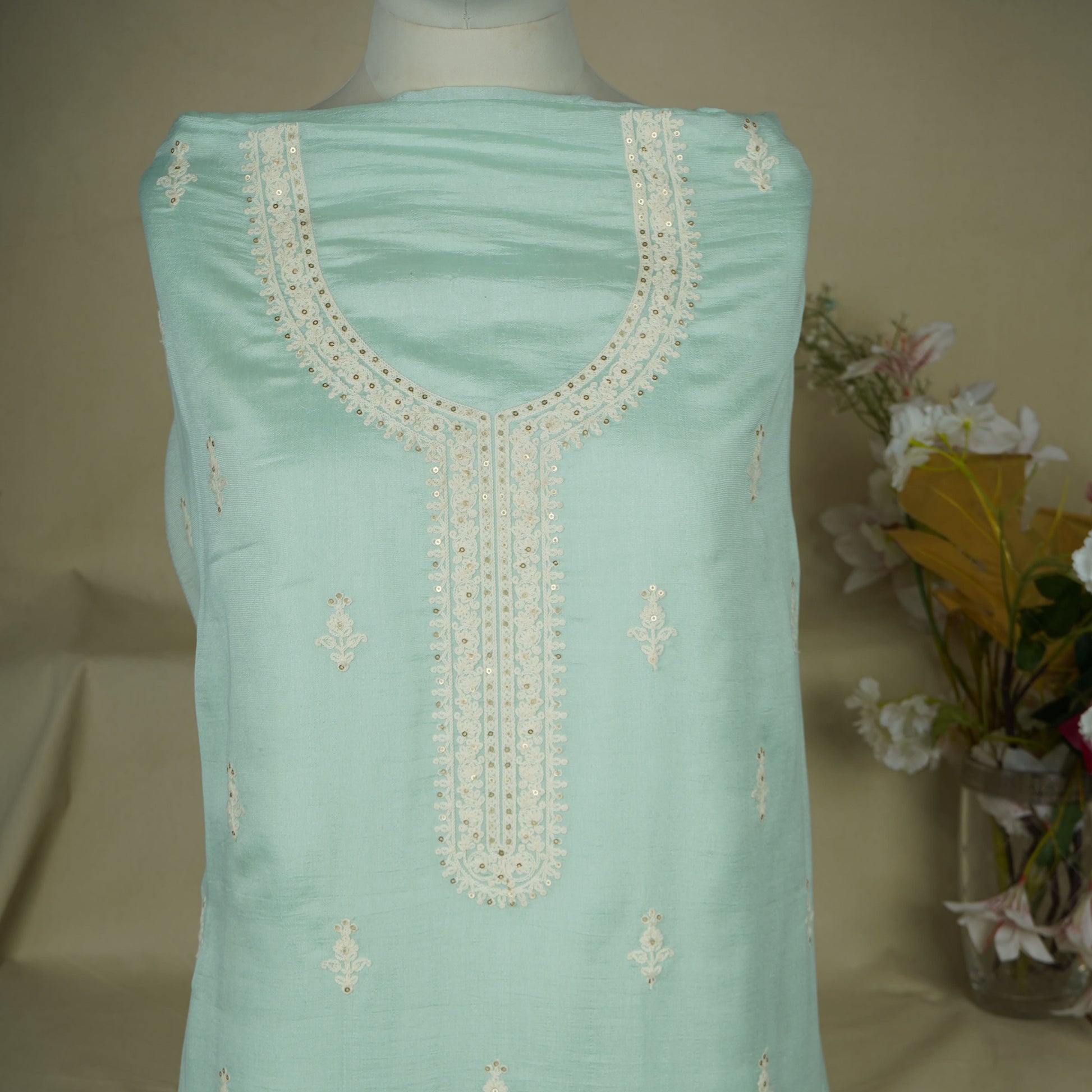 Sage Green Purple Chikankari Embroidery Pure Chinnon Suit Set With Dupatta