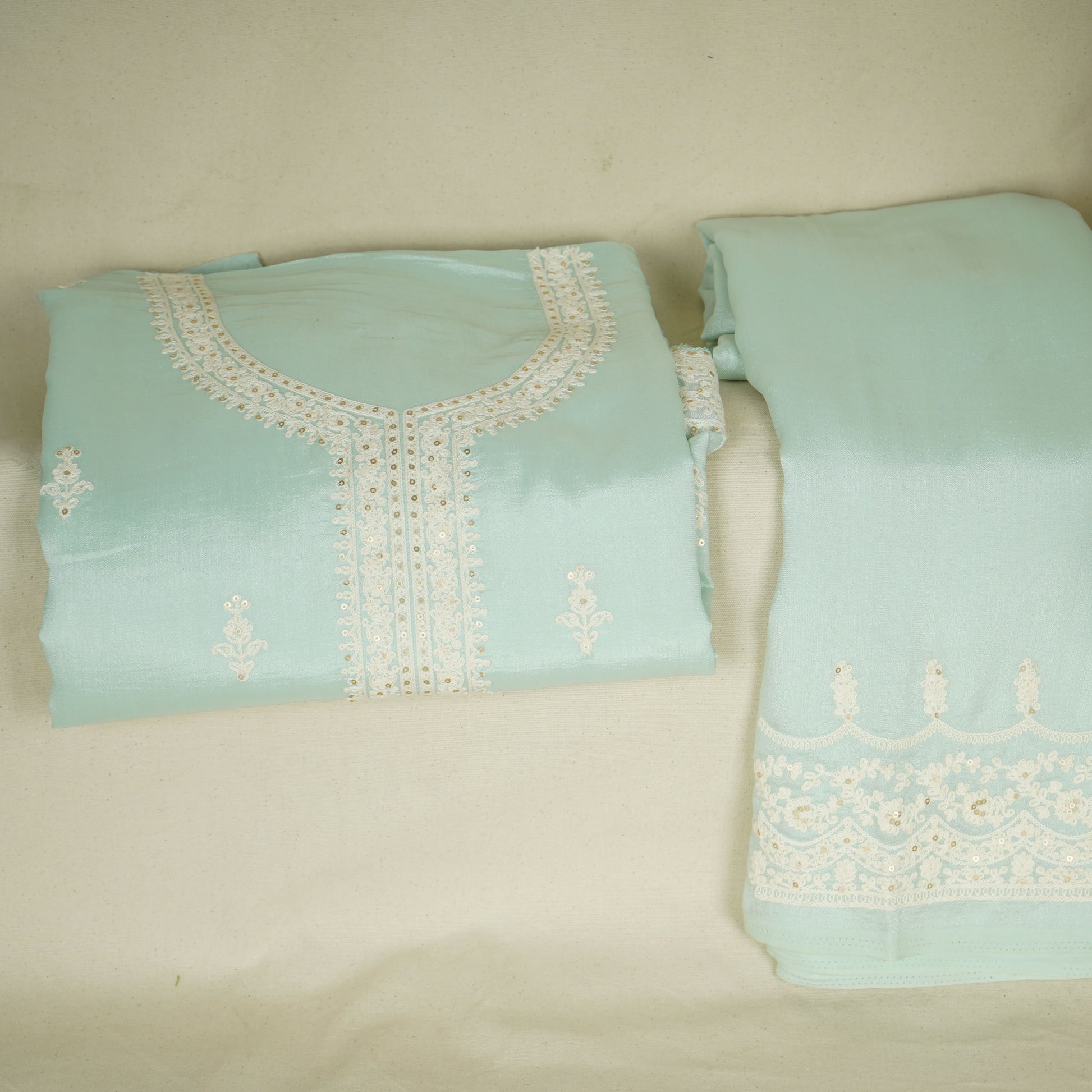 Sage Green Purple Chikankari Embroidery Pure Chinnon Suit Set With Dupatta