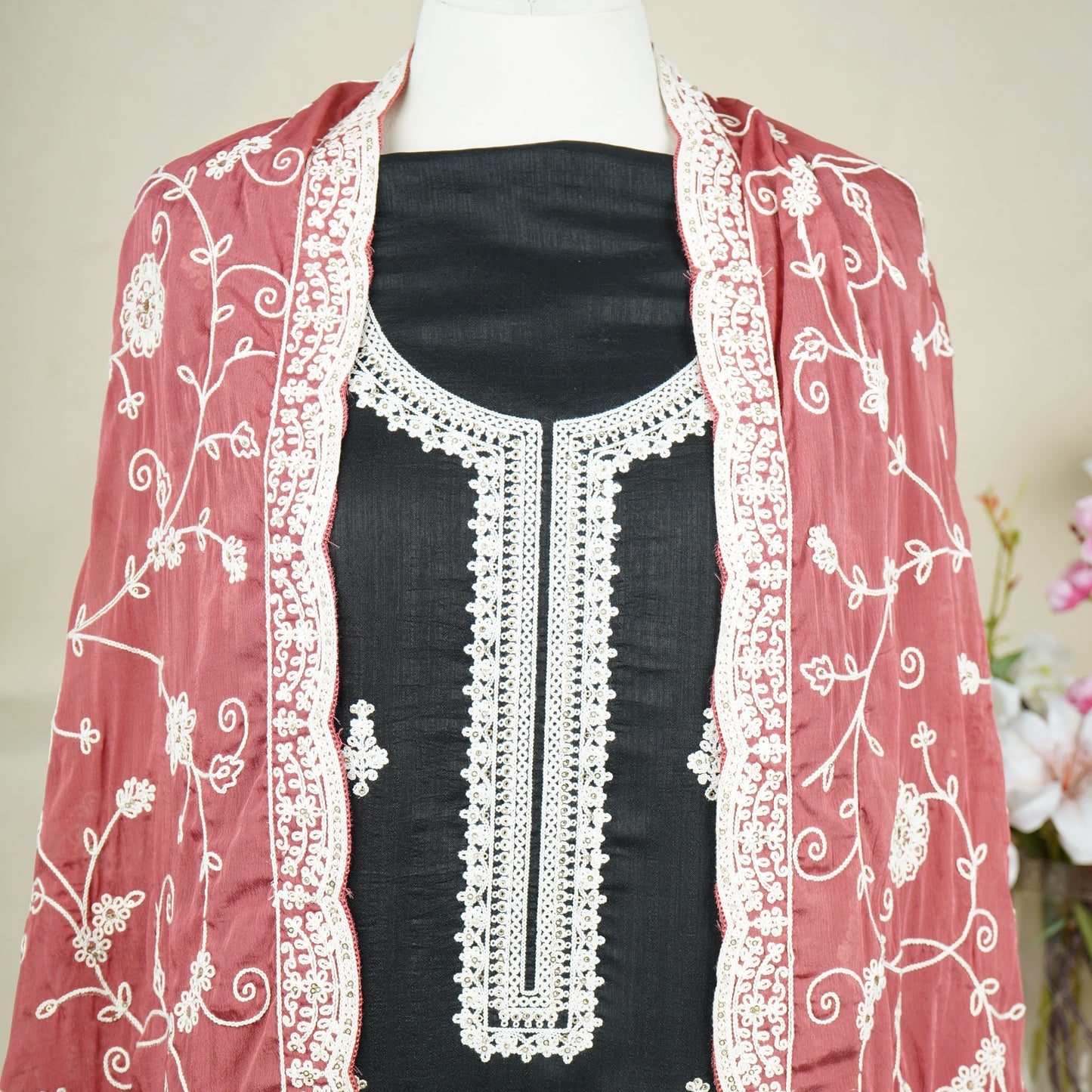 Black Red Chikankari Embroidery Pure Chinnon Suit Set With Dupatta