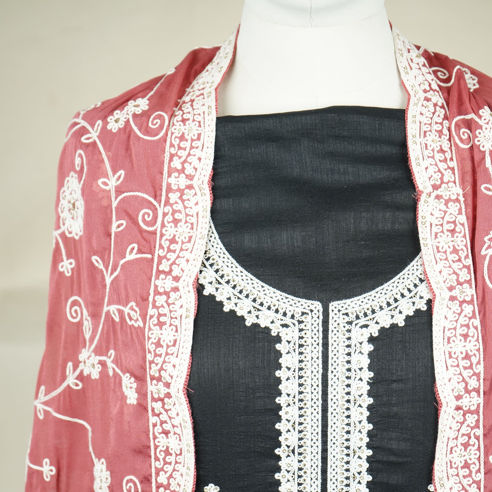 Black Red Chikankari Embroidery Pure Chinnon Suit Set With Dupatta
