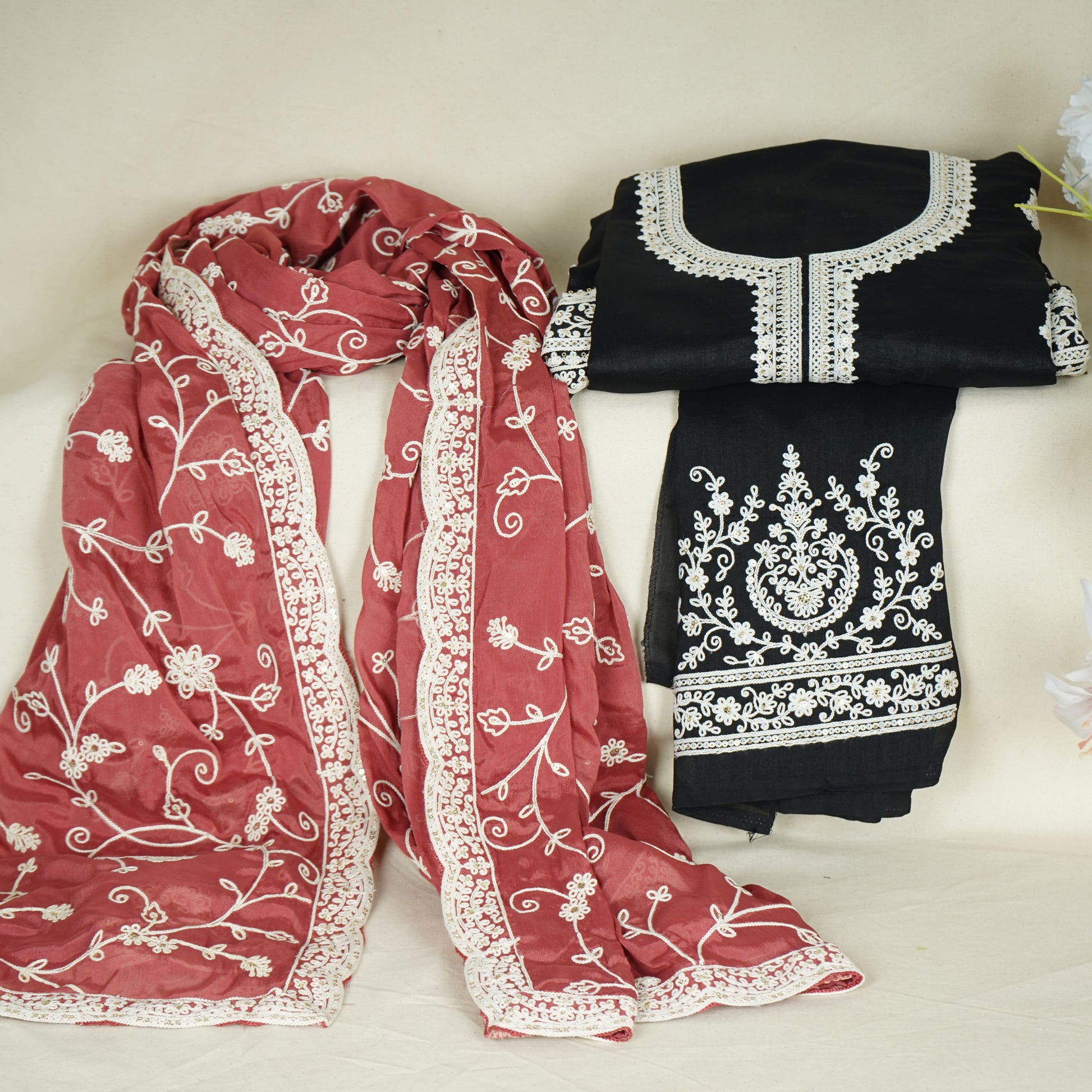 Black Red Chikankari Embroidery Pure Chinnon Suit Set With Dupatta