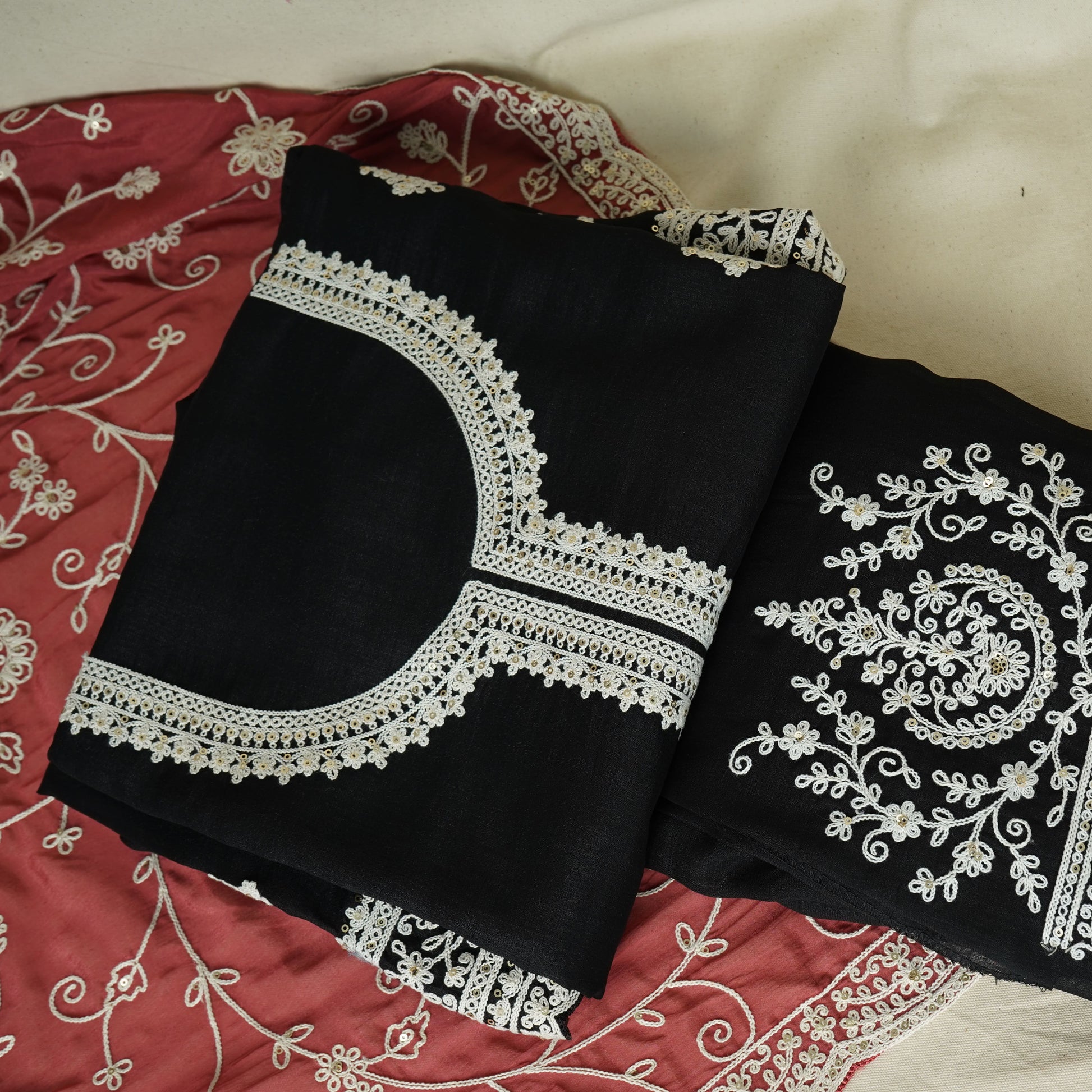 Black Red Chikankari Embroidery Pure Chinnon Suit Set With Dupatta