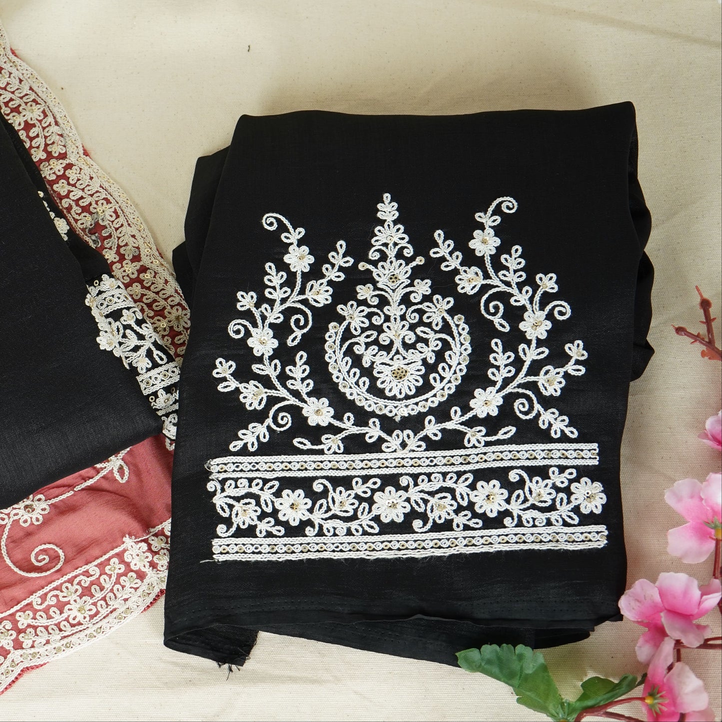 Black Red Chikankari Embroidery Pure Chinnon Suit Set With Dupatta
