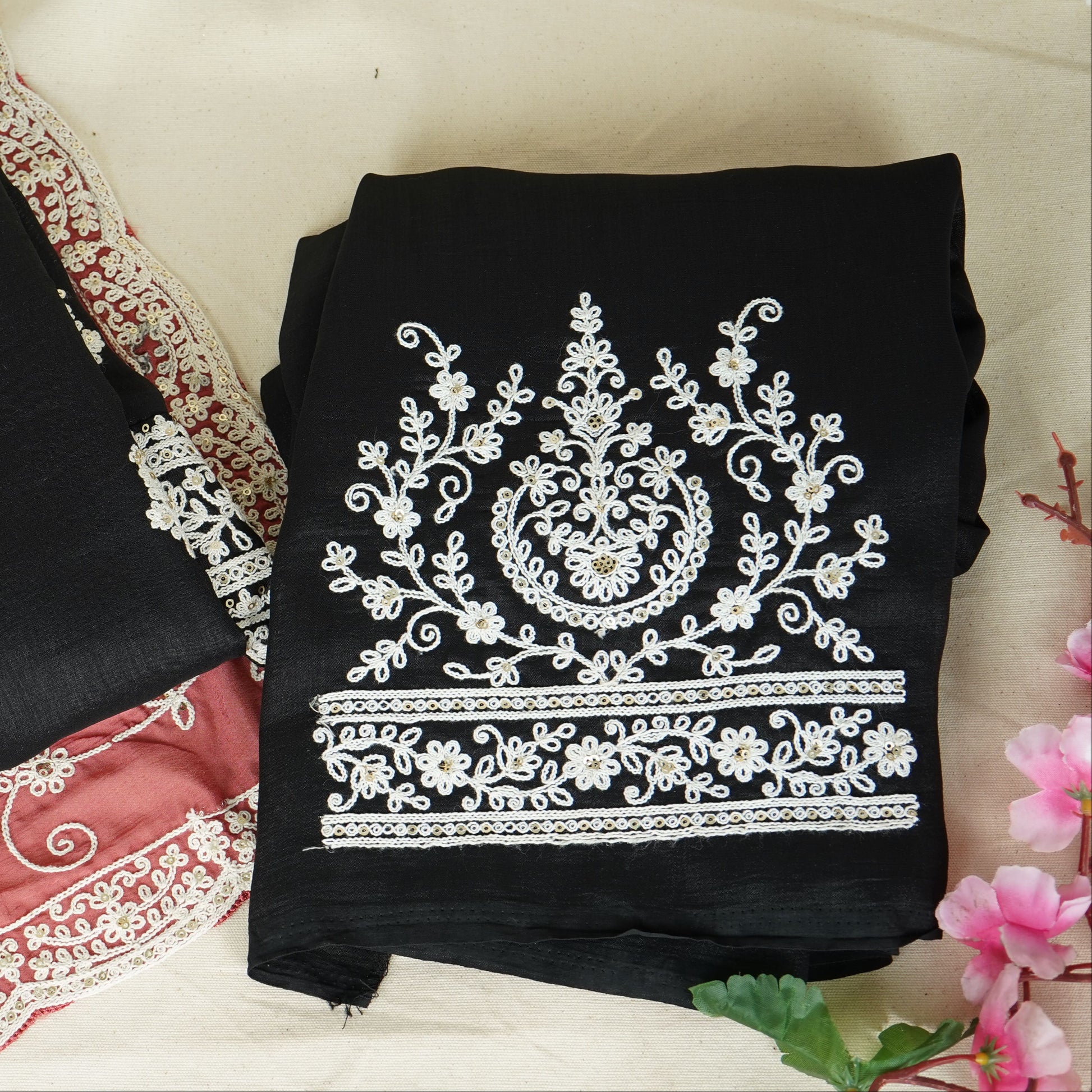 Black Red Chikankari Embroidery Pure Chinnon Suit Set With Dupatta