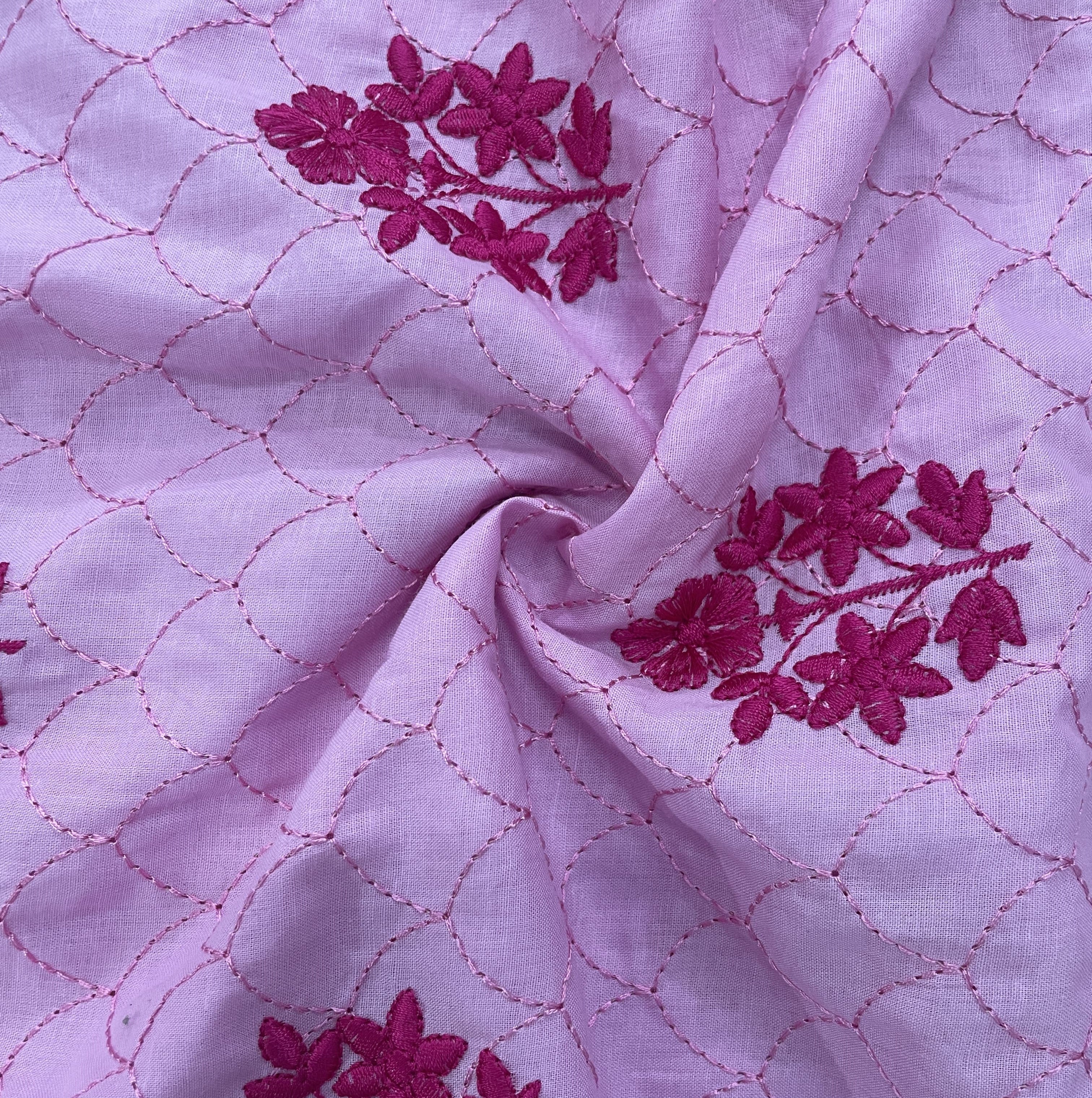 Pink Floral Thread Embroidery Cambric Cotton 16262