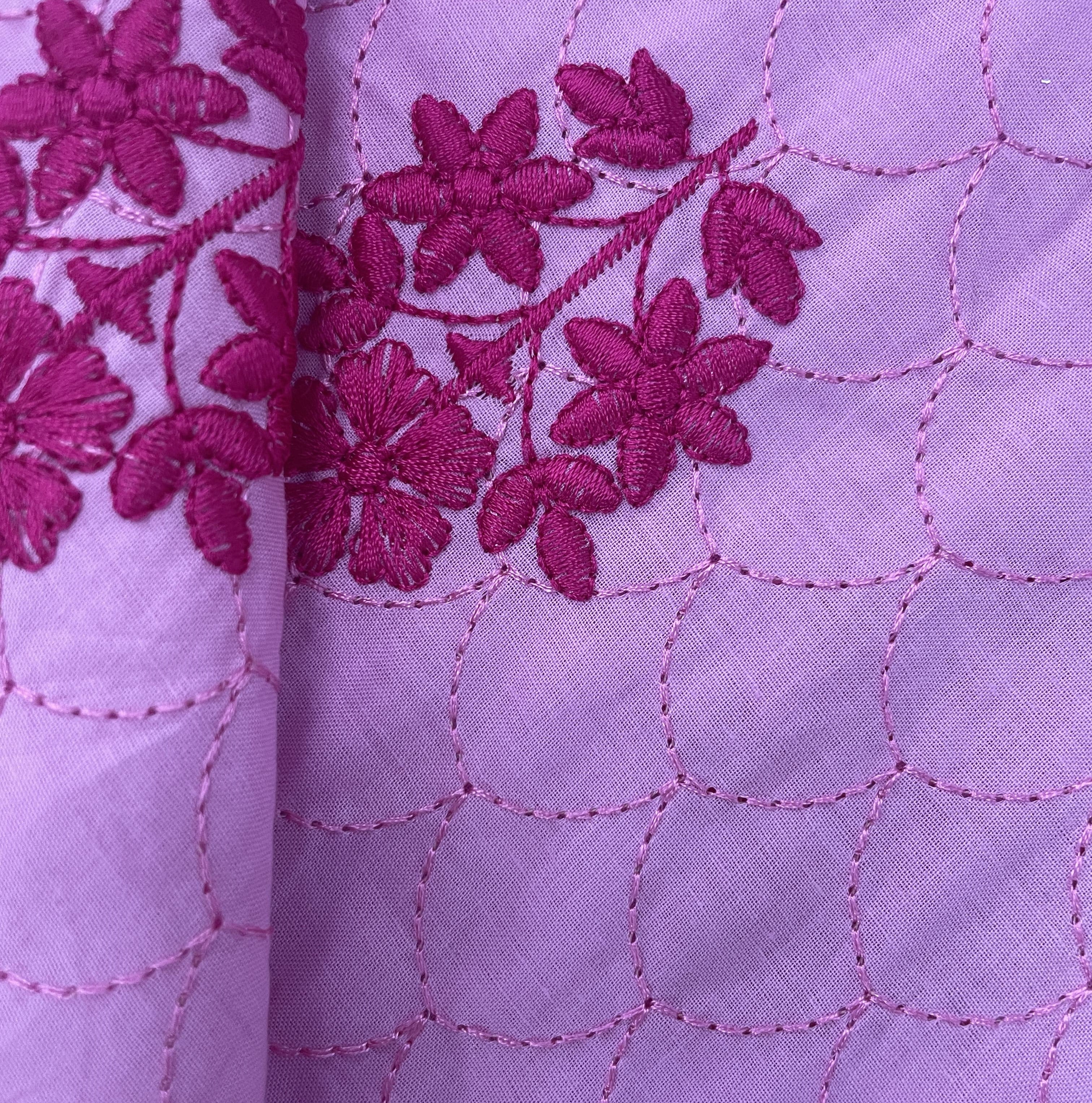 Pink Floral Thread Embroidery Cambric Cotton 16262