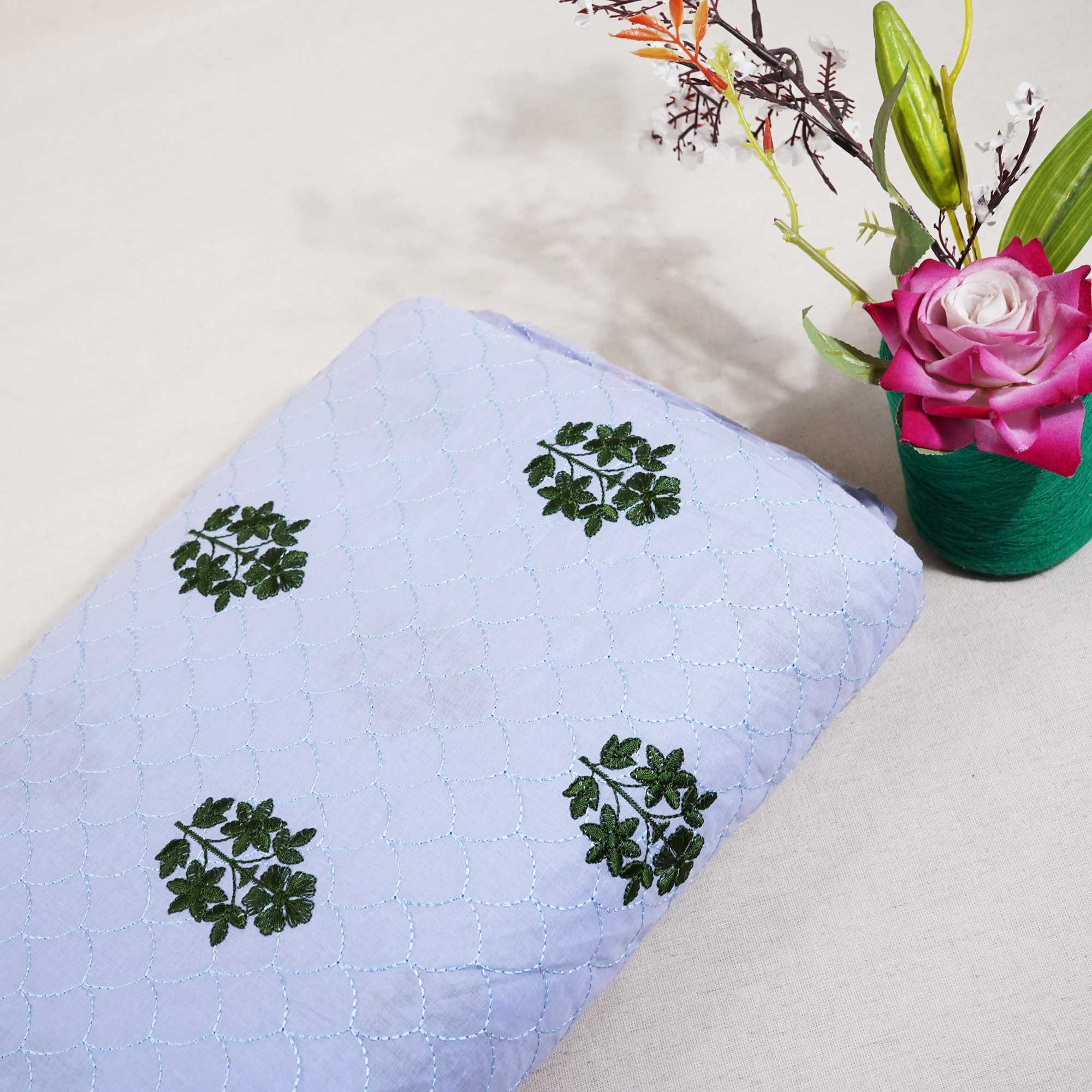 Steel Blue Floral Thread Embroidery Cambric Cotton JD-16263