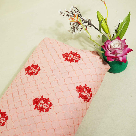 Coral Pink Floral Thread Embroidery Cambric Cotton JD-16264