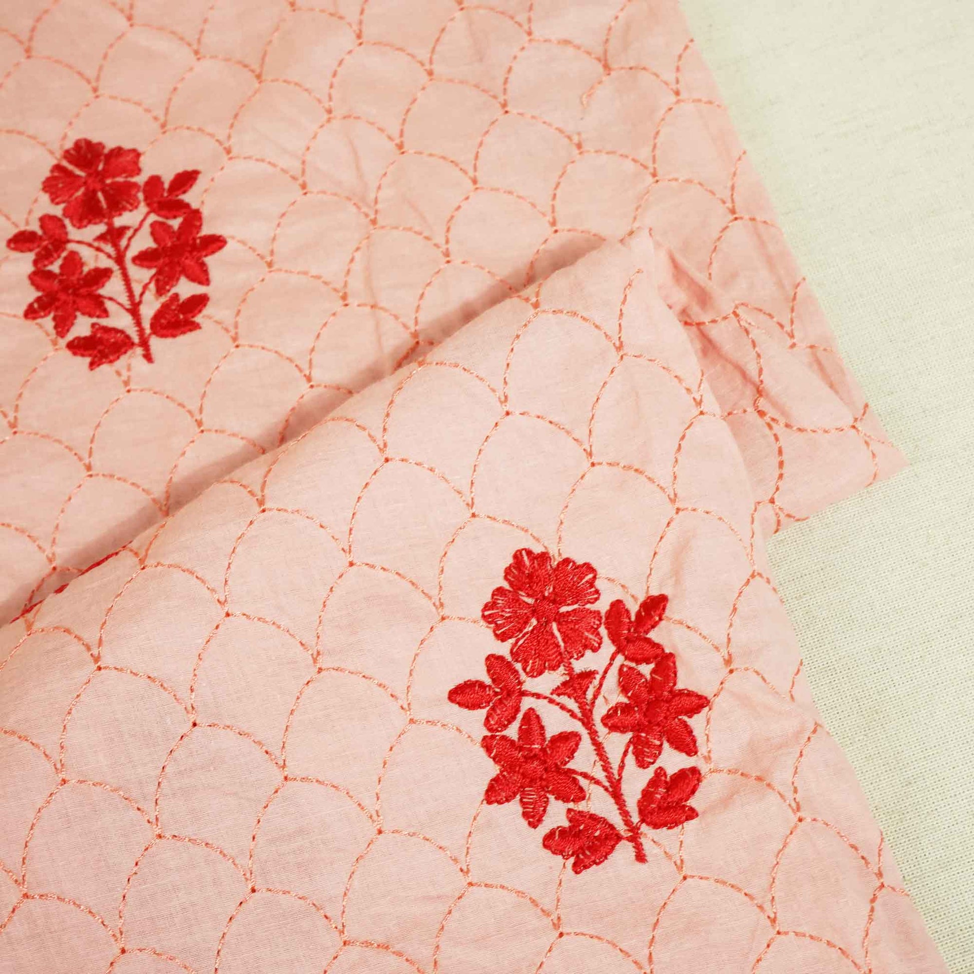 Coral Pink Floral Thread Embroidery Cambric Cotton JD-16264