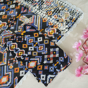 Black Multicolor Geometrical Print Georgette Top Dupatta