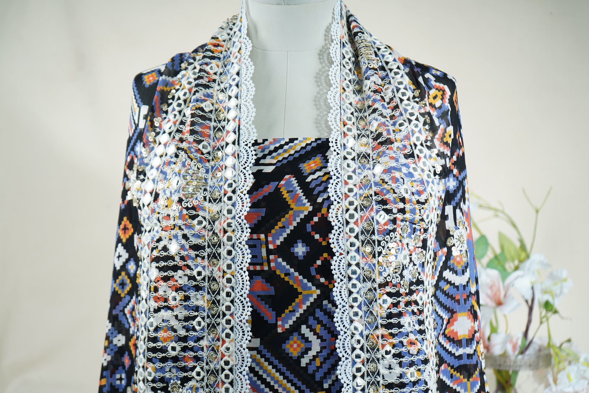 Black Multicolor Geometrical Print Georgette Top Dupatta