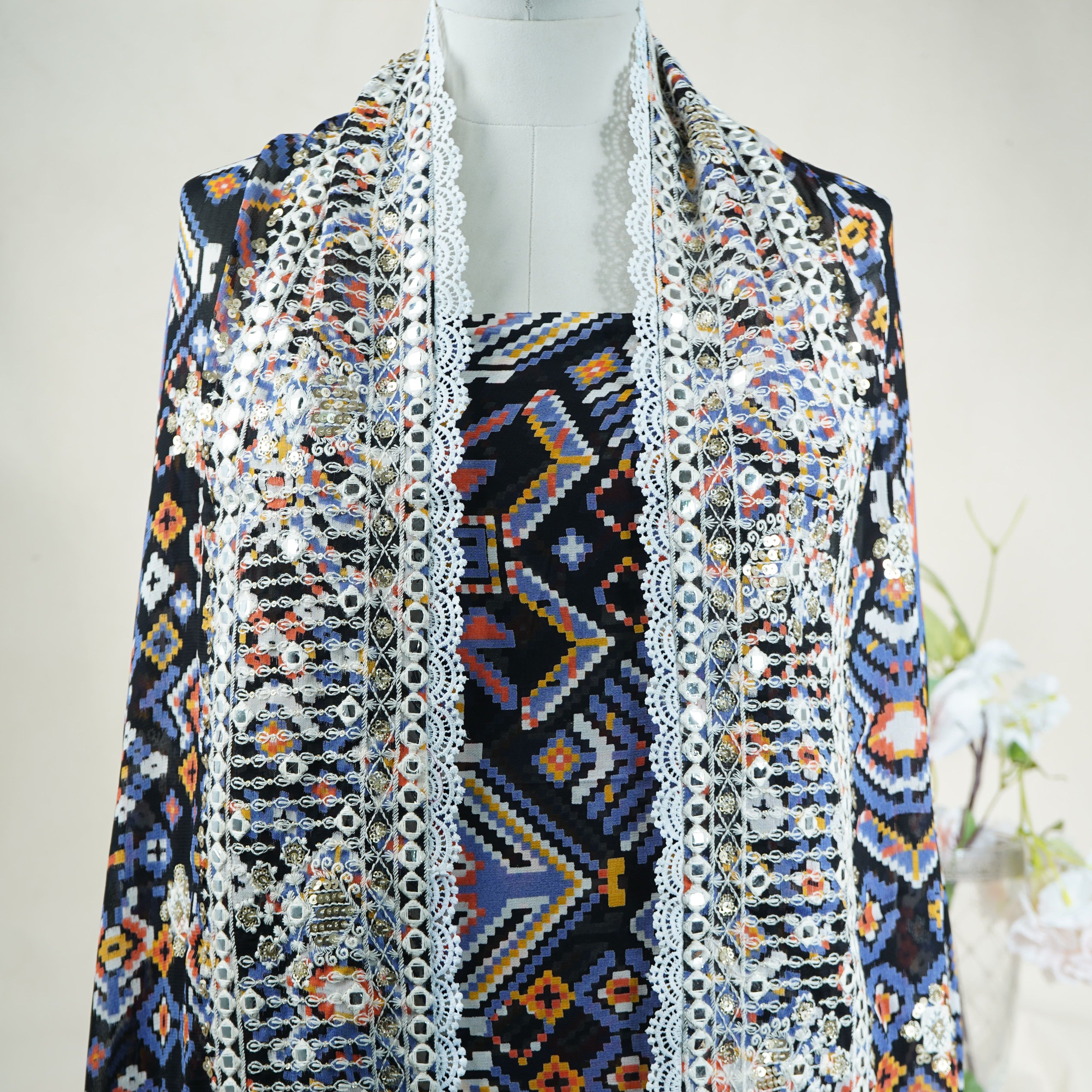 Black Multicolor Geometrical Print Georgette Top Dupatta