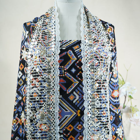 Black Multicolor Geometrical Print Georgette Top Dupatta