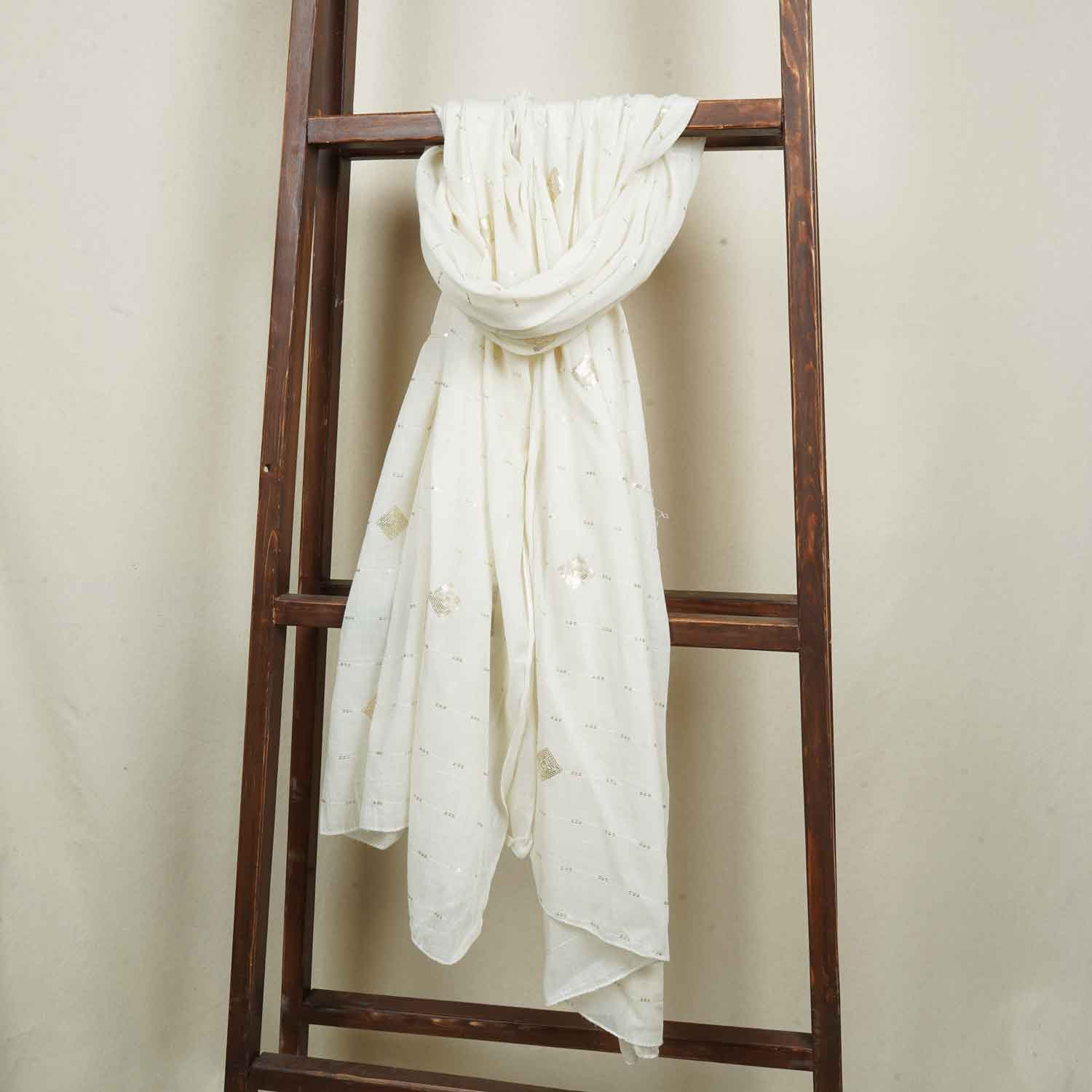 Off White Geometrical Sequins Embroidery Dyeable Cotton Dupatta 16352 - TradeUNO