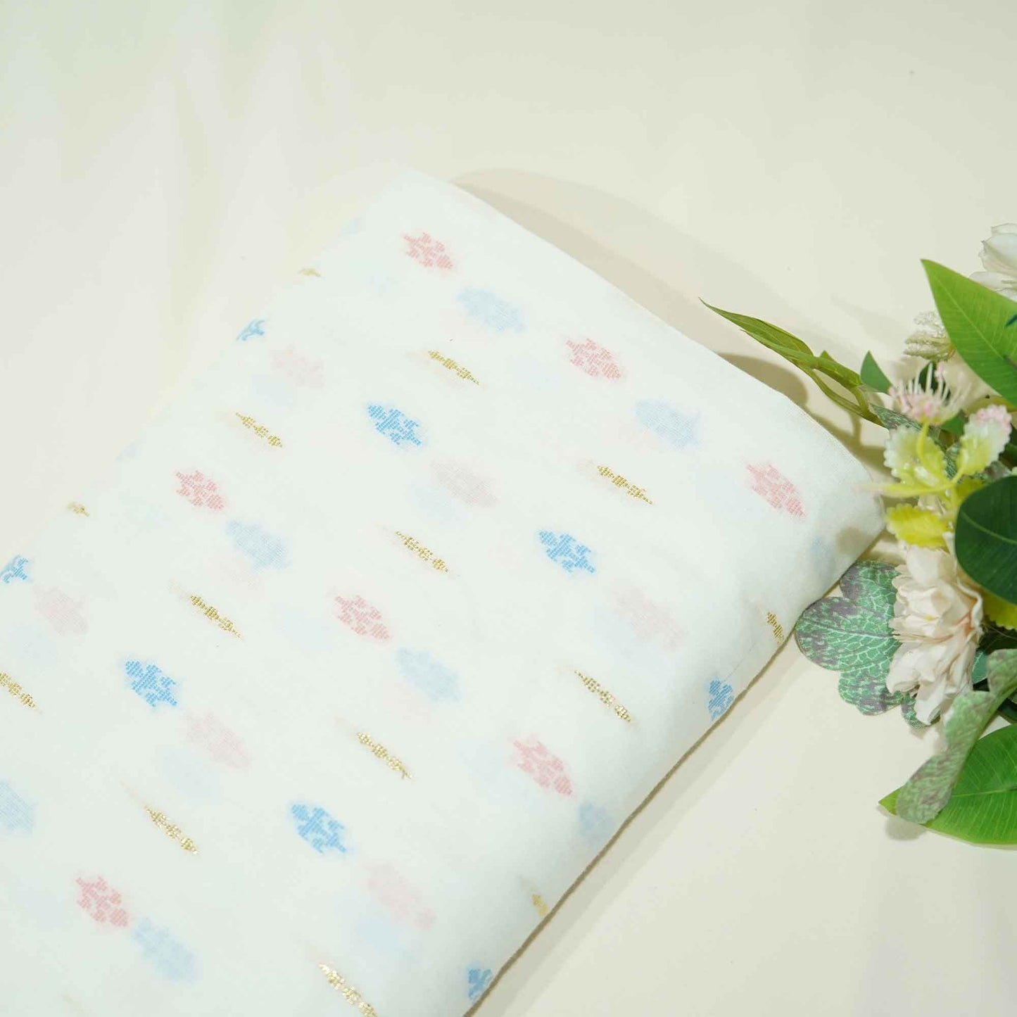 OffWhite Multicolor Gold Lurex Dobby Embroidery Dyeable Cotton DE-16397